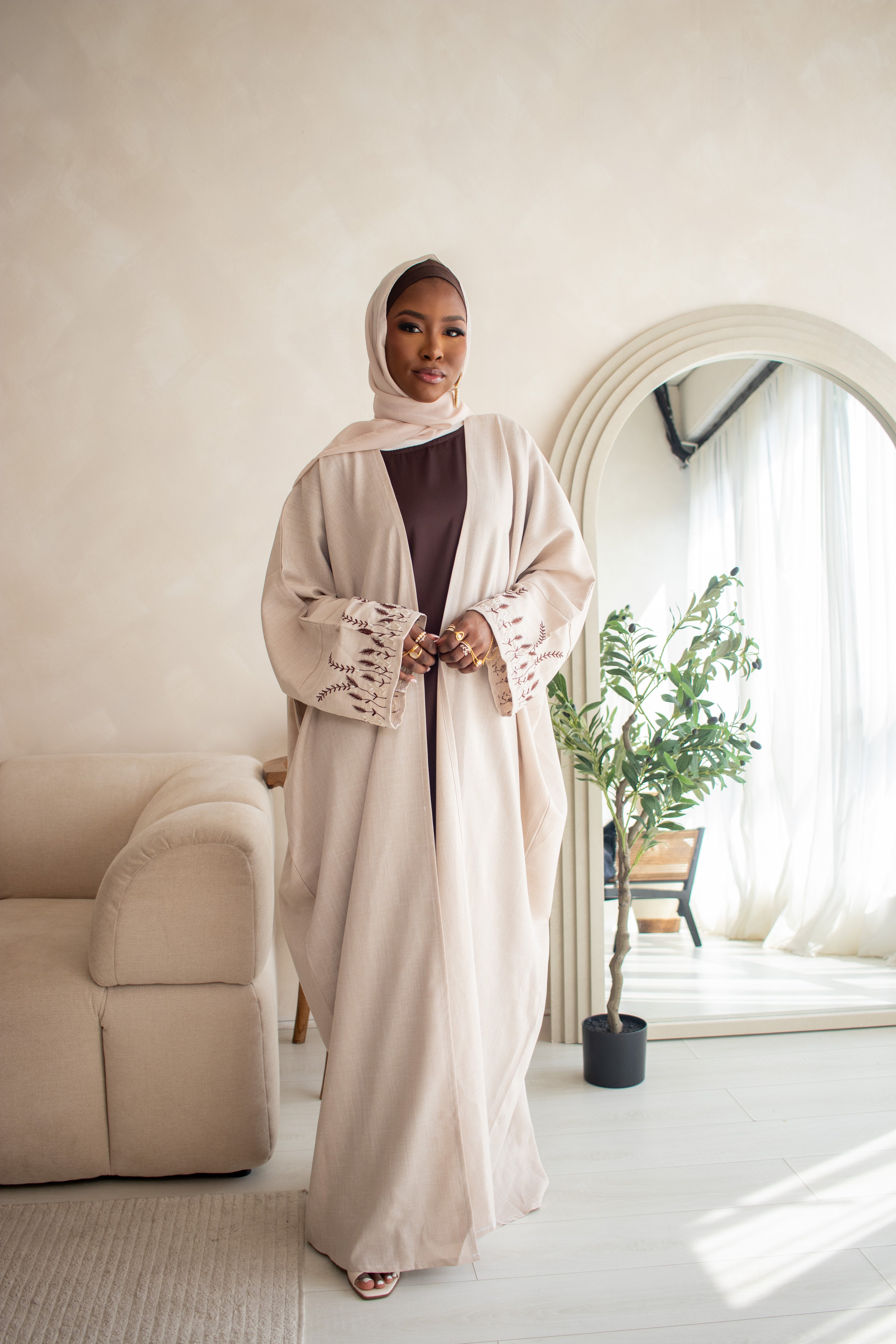 Butterfly Open Abaya Linen DESIGN Embroidery and Embellishments on Sleeves with Hijab