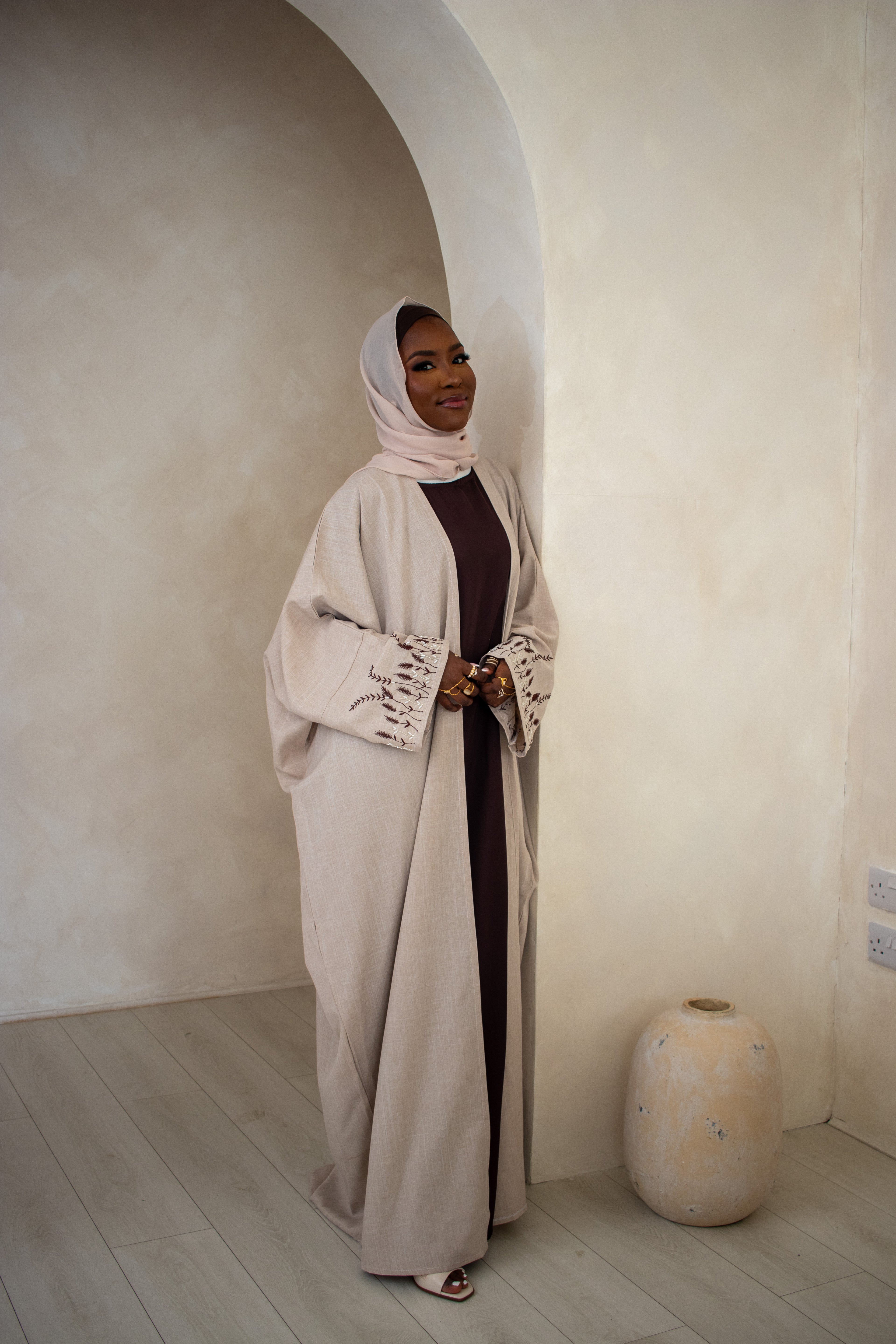 Butterfly Open Abaya Linen DESIGN Embroidery and Embellishments on Sleeves with Hijab