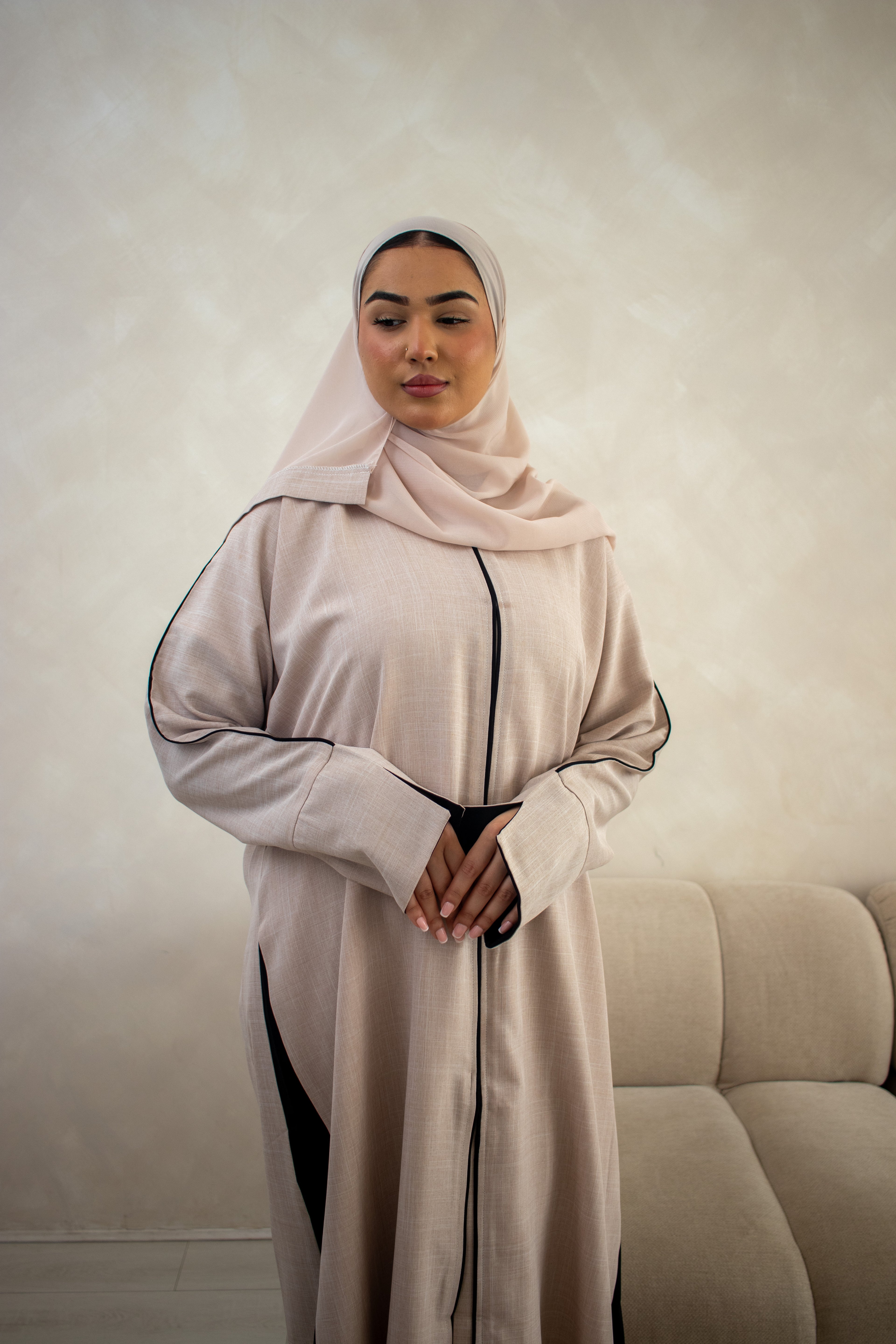 Linen DESIGN Abaya Cream Black with Hijab and Buttons