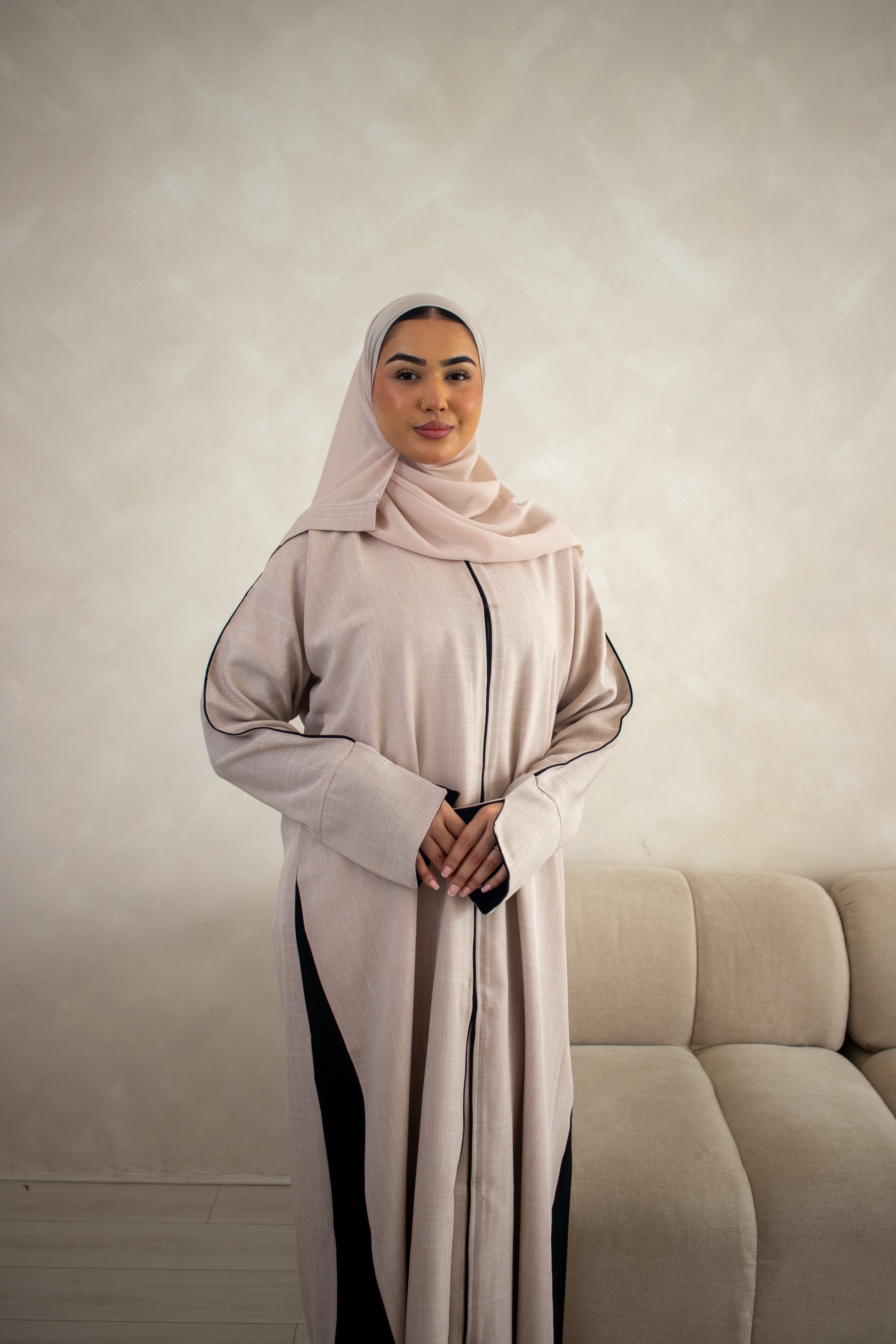 Linen DESIGN Abaya Cream Black with Hijab and Buttons