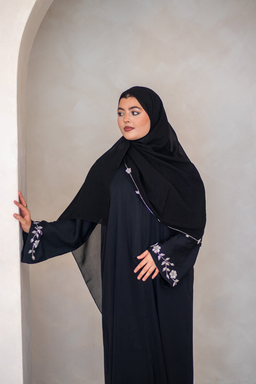 ((B) Flower Embellishment Nida Abaya Open Black with Embellishments on Hijab