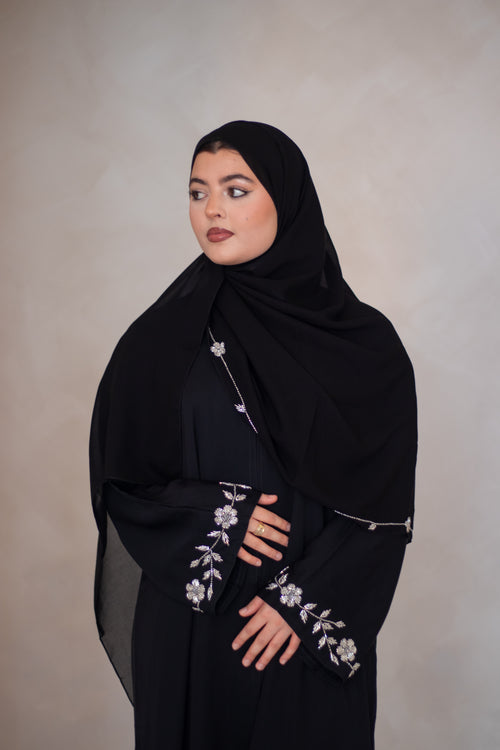 ((B) Flower Embellishment Nida Abaya Open Black with Embellishments on Hijab