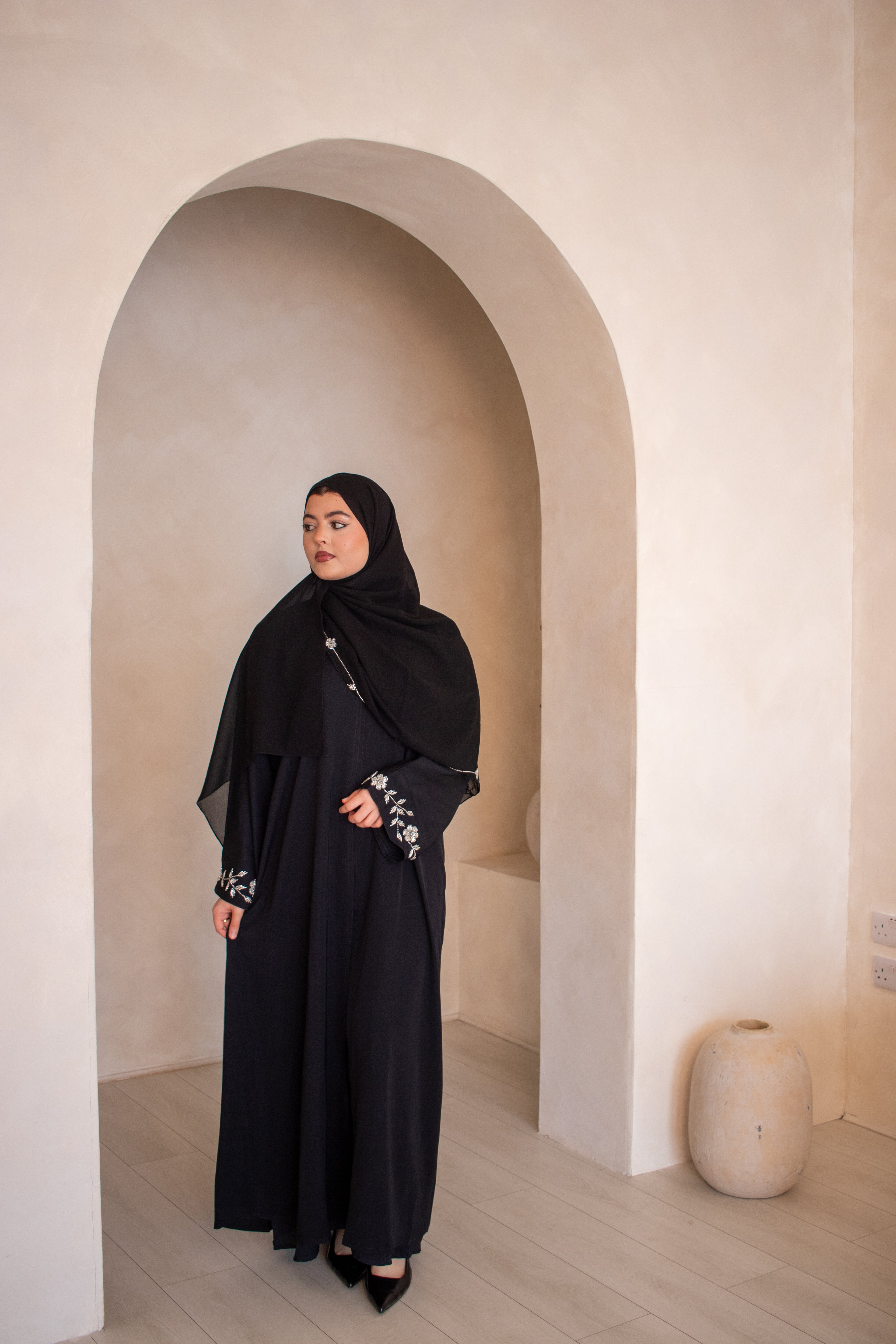 ((B) Flower Embellishment Nida Abaya Open Black with Embellishments on Hijab