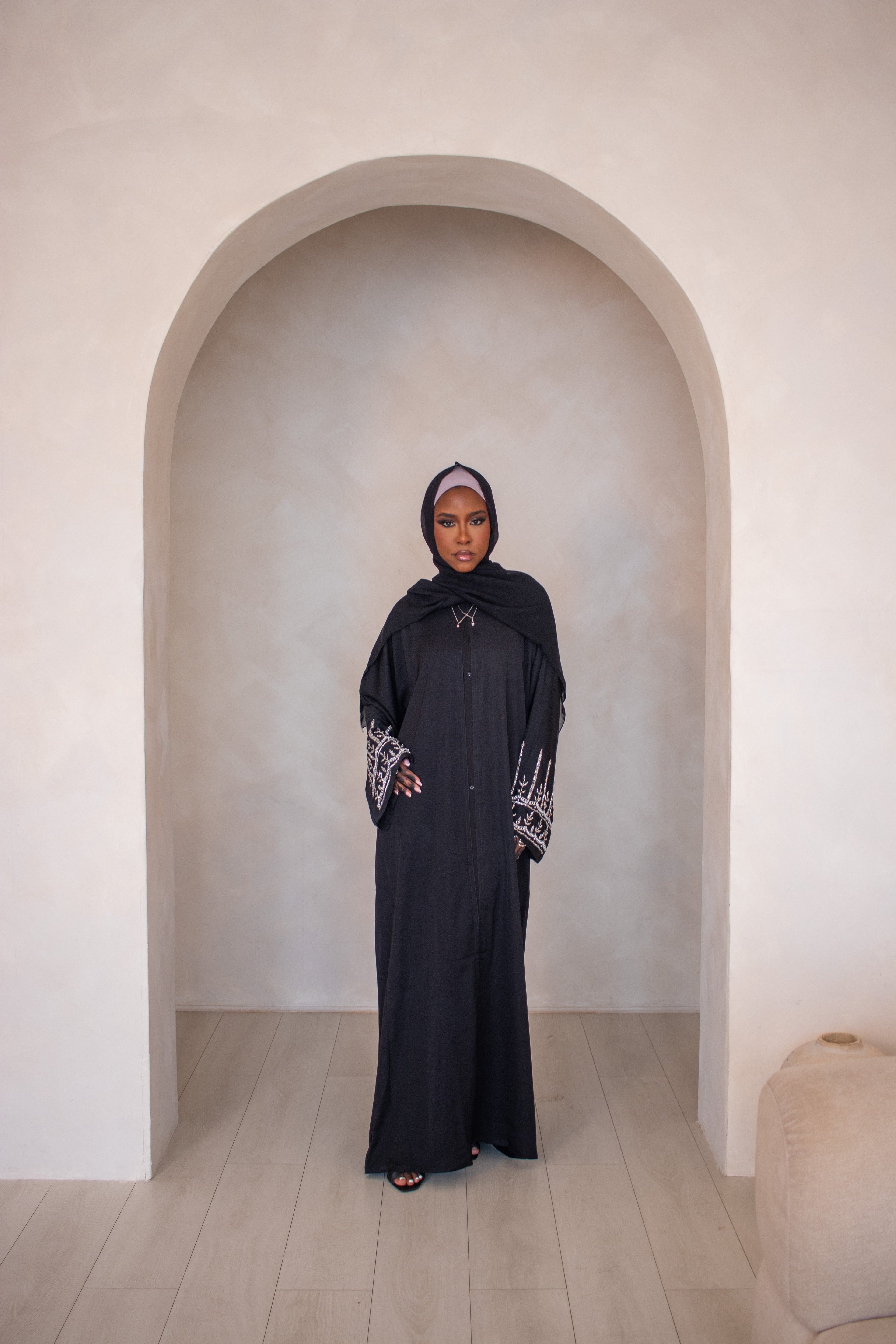 (E) Black Nida Embellishment on Sleeves Abaya with Hijab