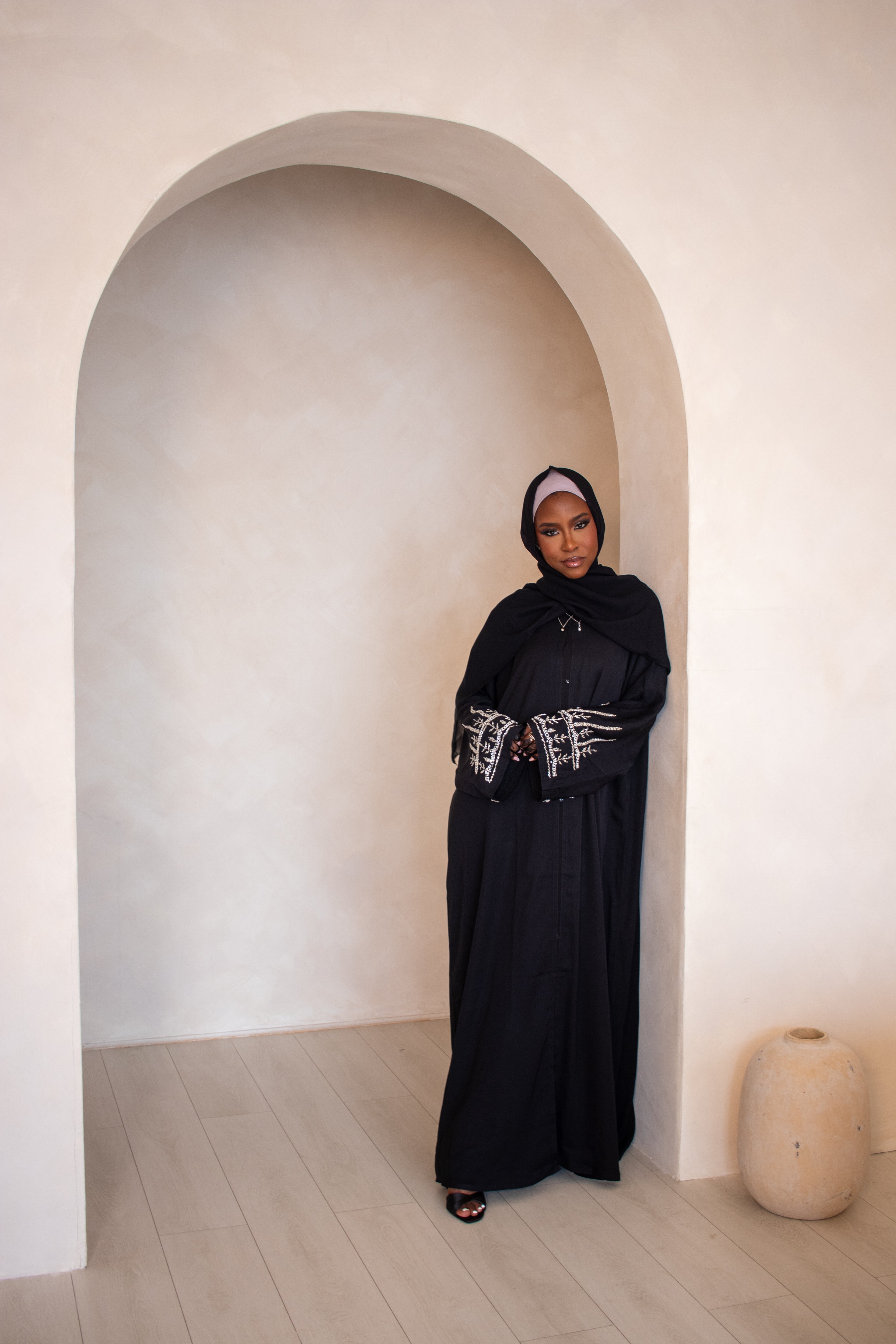 (E) Black Nida Embellishment on Sleeves Abaya with Hijab