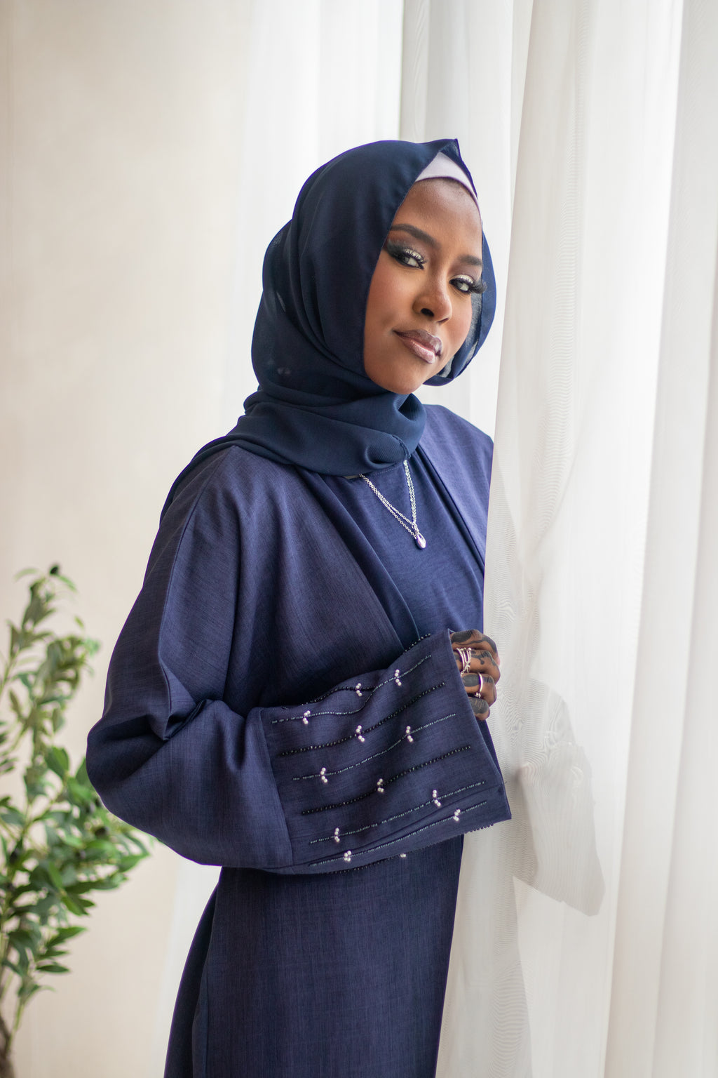 4 Piece Linen Design Navy Abaya Open with Belt, Hijab and Slipdress Embellishments