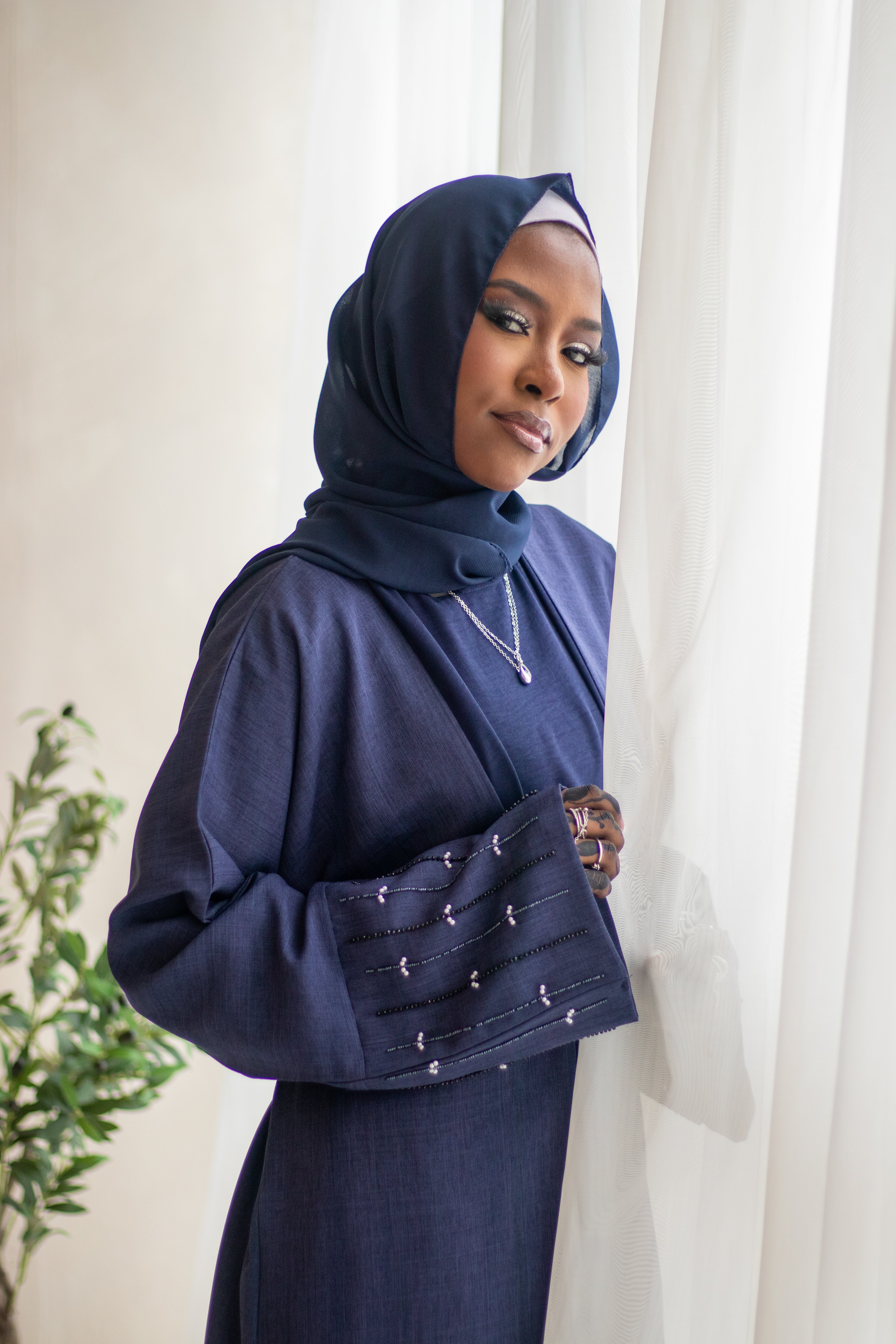 4 Piece Linen Design Navy Abaya Open with Belt, Hijab and Slipdress Embellishments
