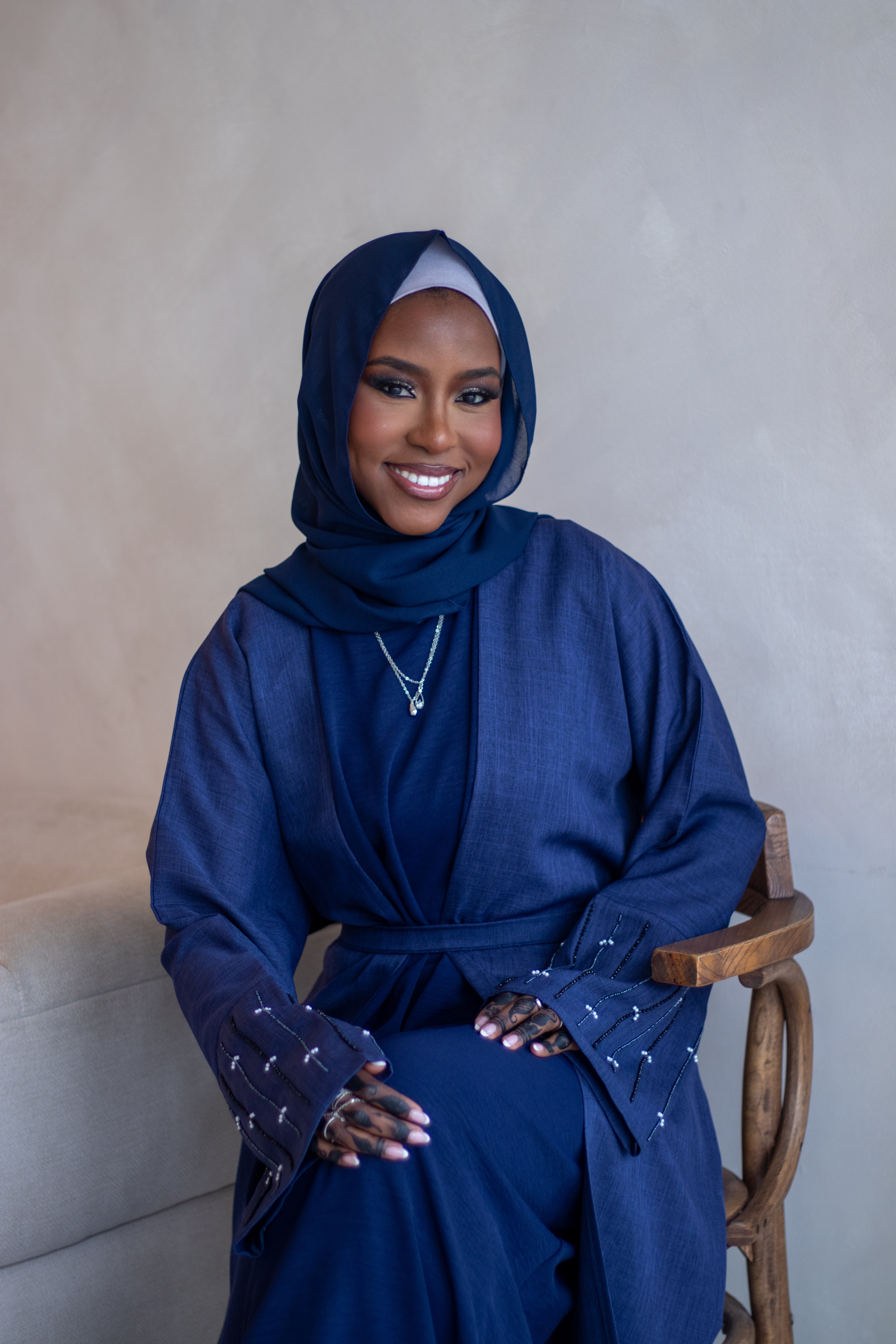 4 Piece Linen Design Navy Abaya Open with Belt, Hijab and Slipdress Embellishments