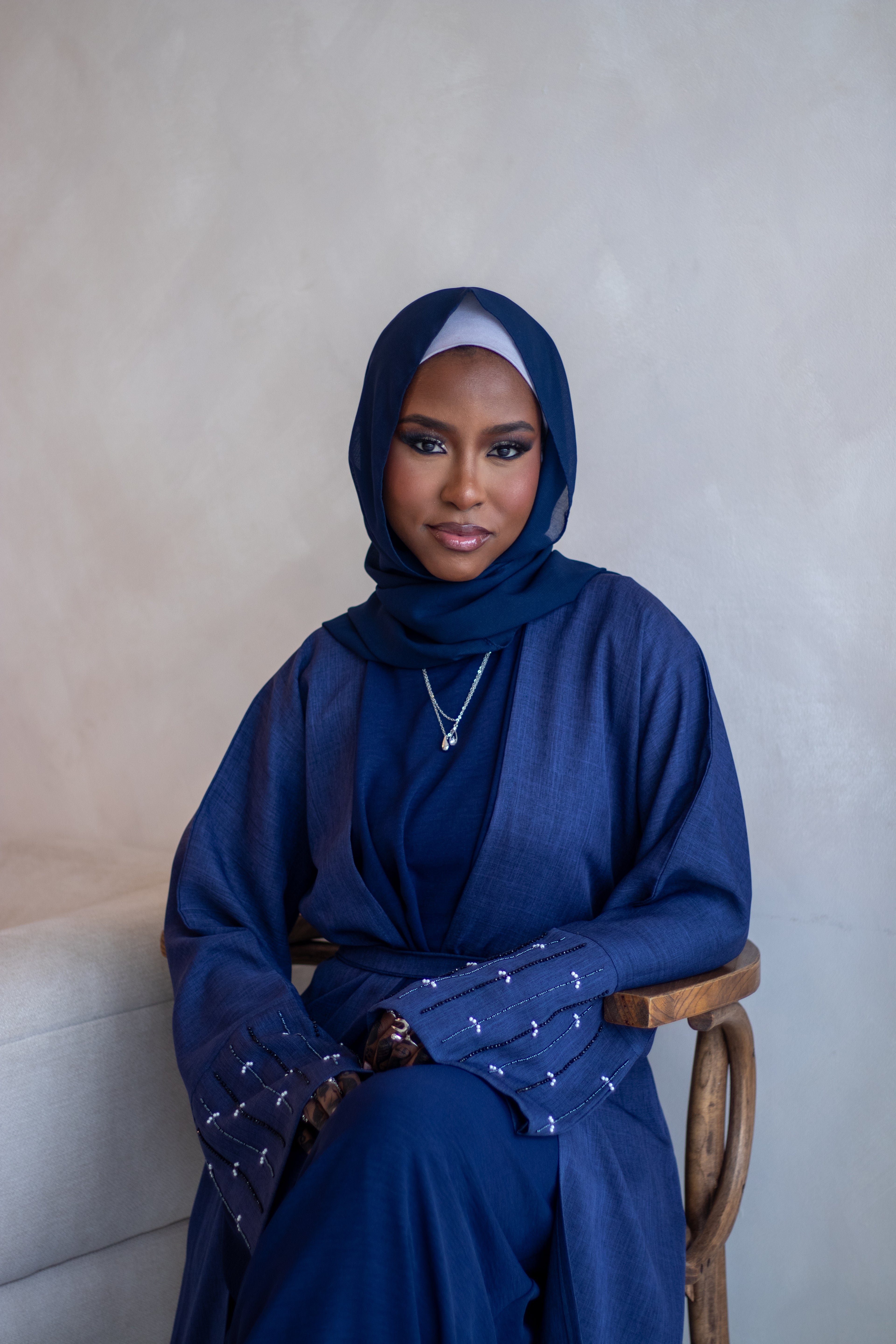 4 Piece Linen Design Navy Abaya Open with Belt, Hijab and Slipdress Embellishments