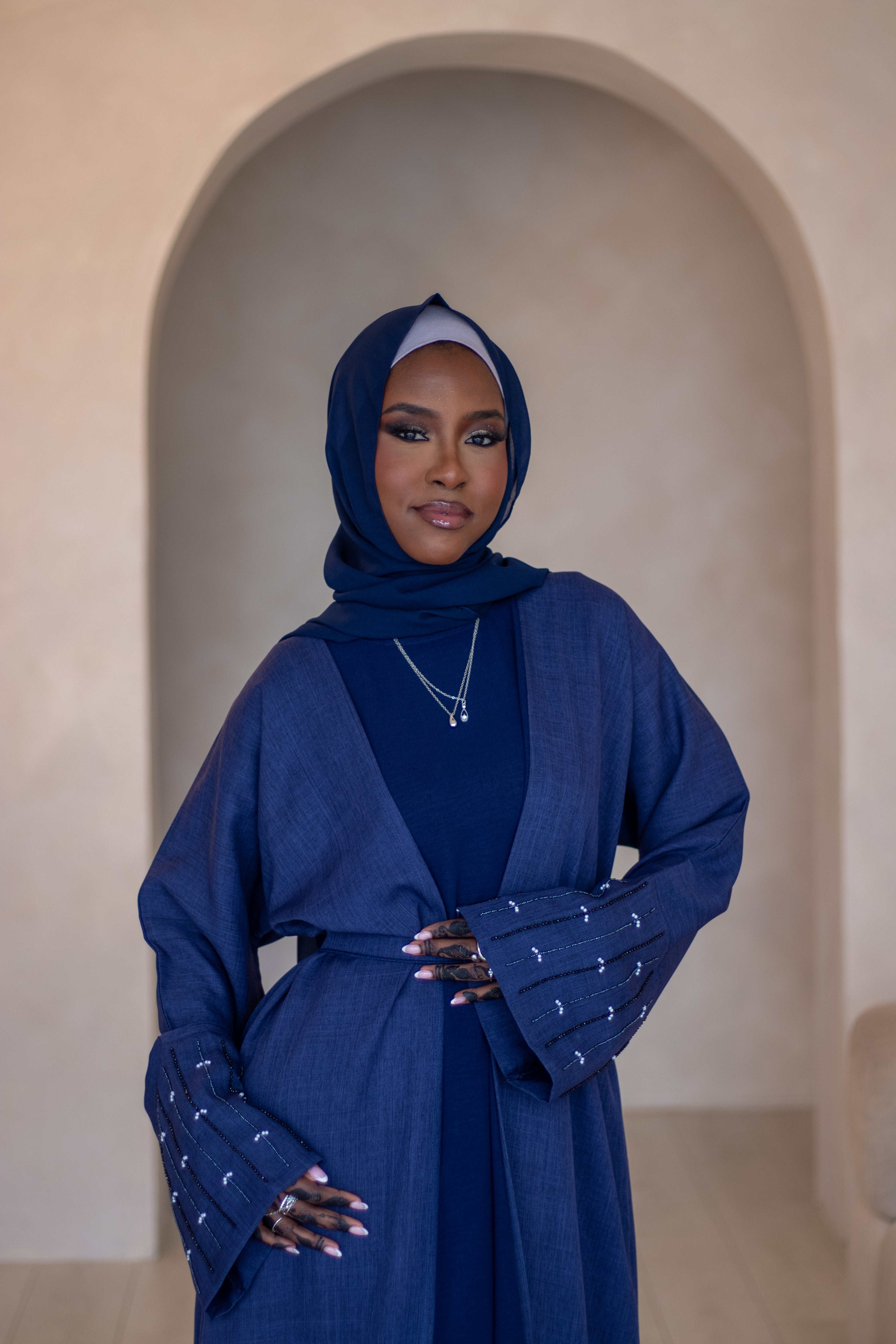 4 Piece Linen Design Navy Abaya Open with Belt, Hijab and Slipdress Embellishments