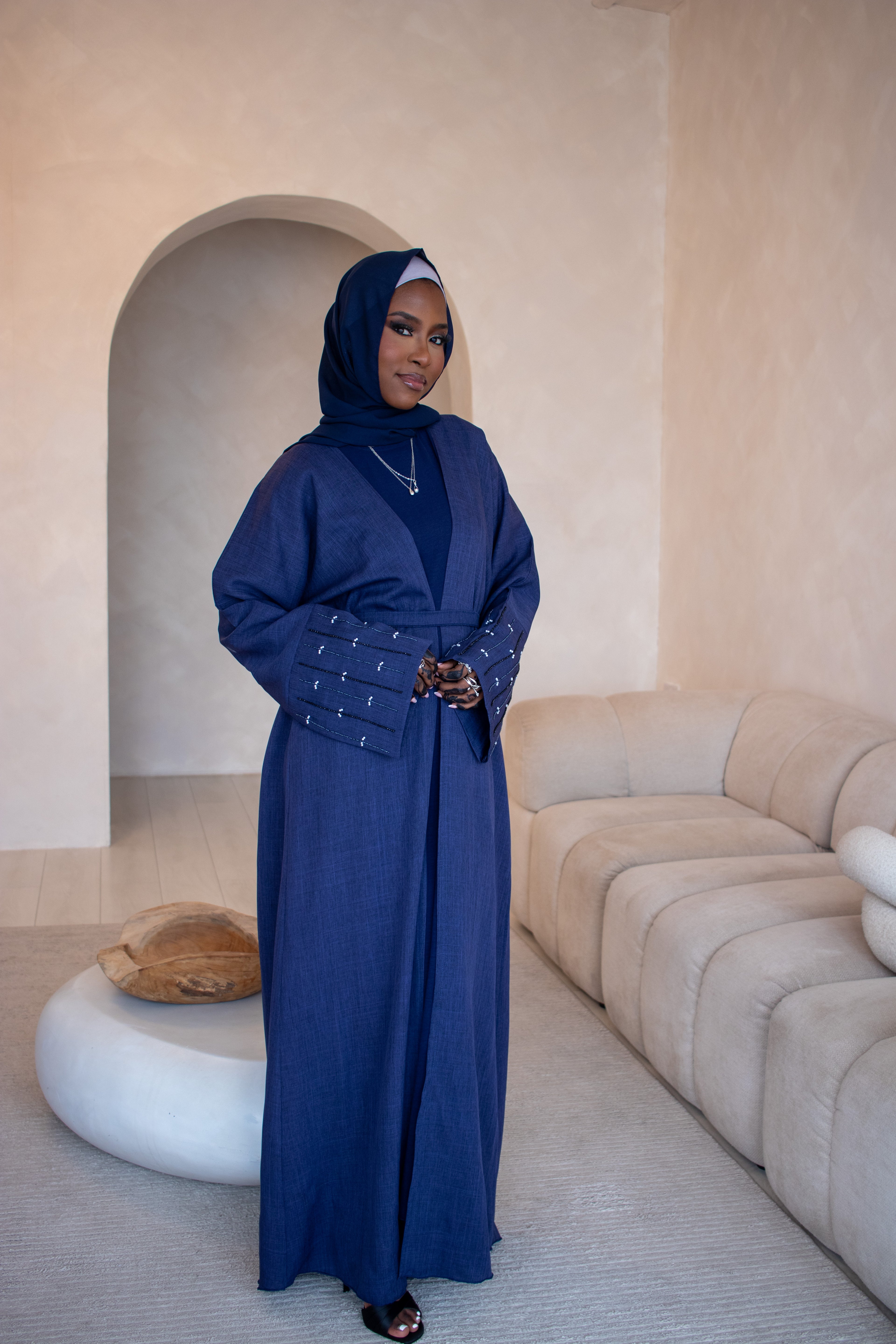 4 Piece Linen Design Navy Abaya Open with Belt, Hijab and Slipdress Embellishments