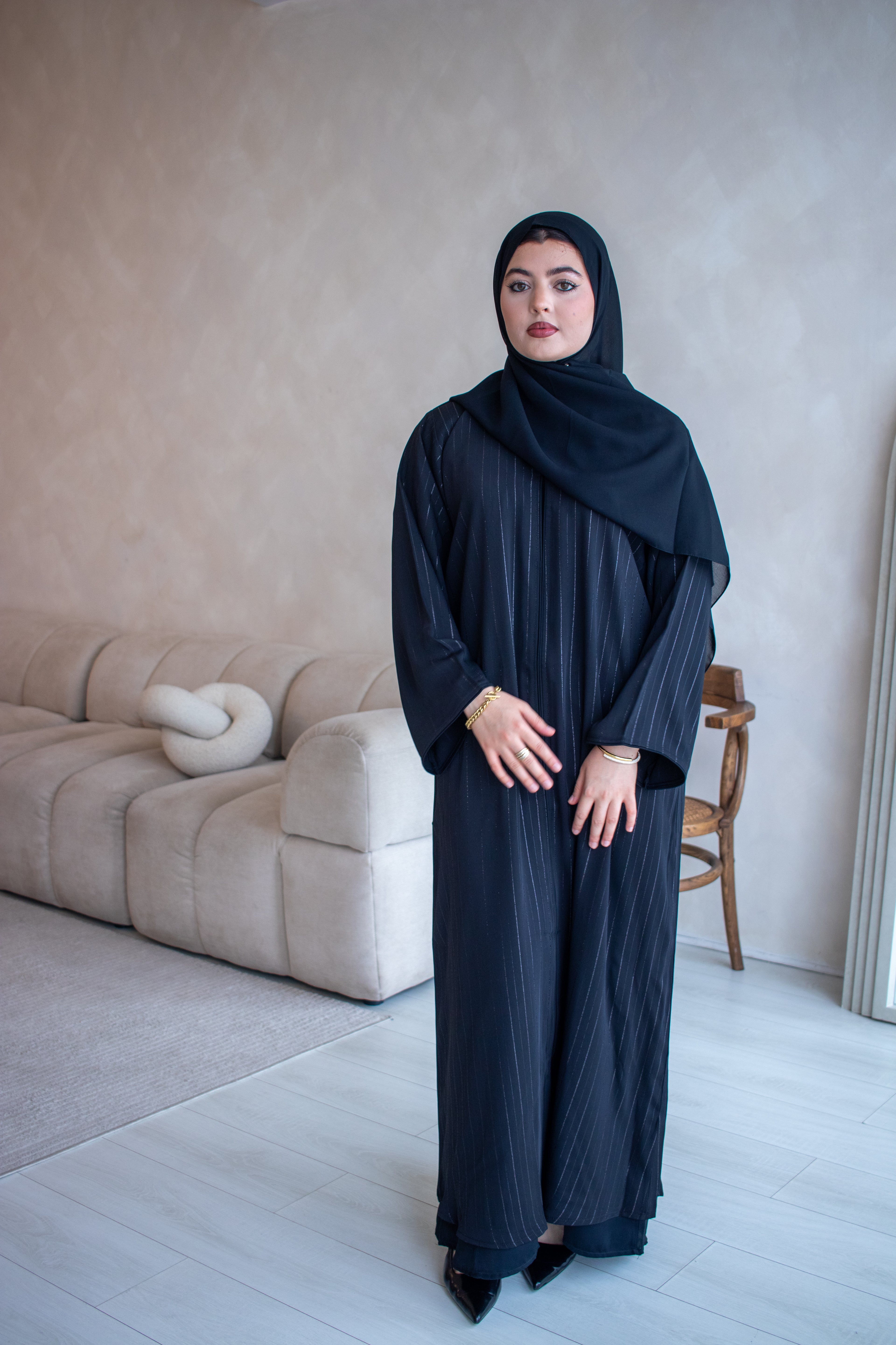 Silver Glitter Thread Striped Black Abaya with Buttons and Hijab
