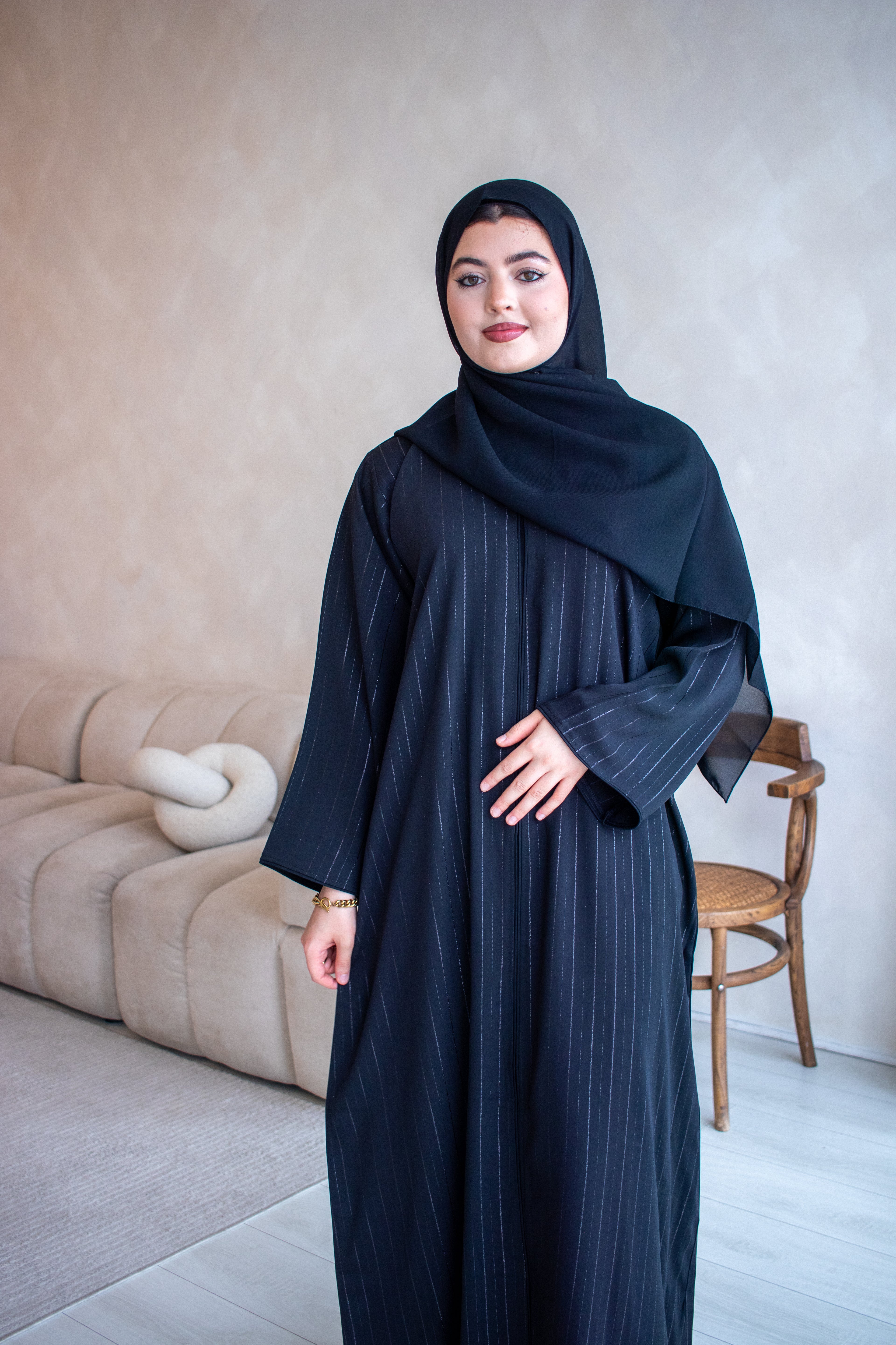 Silver Glitter Thread Striped Black Abaya with Buttons and Hijab