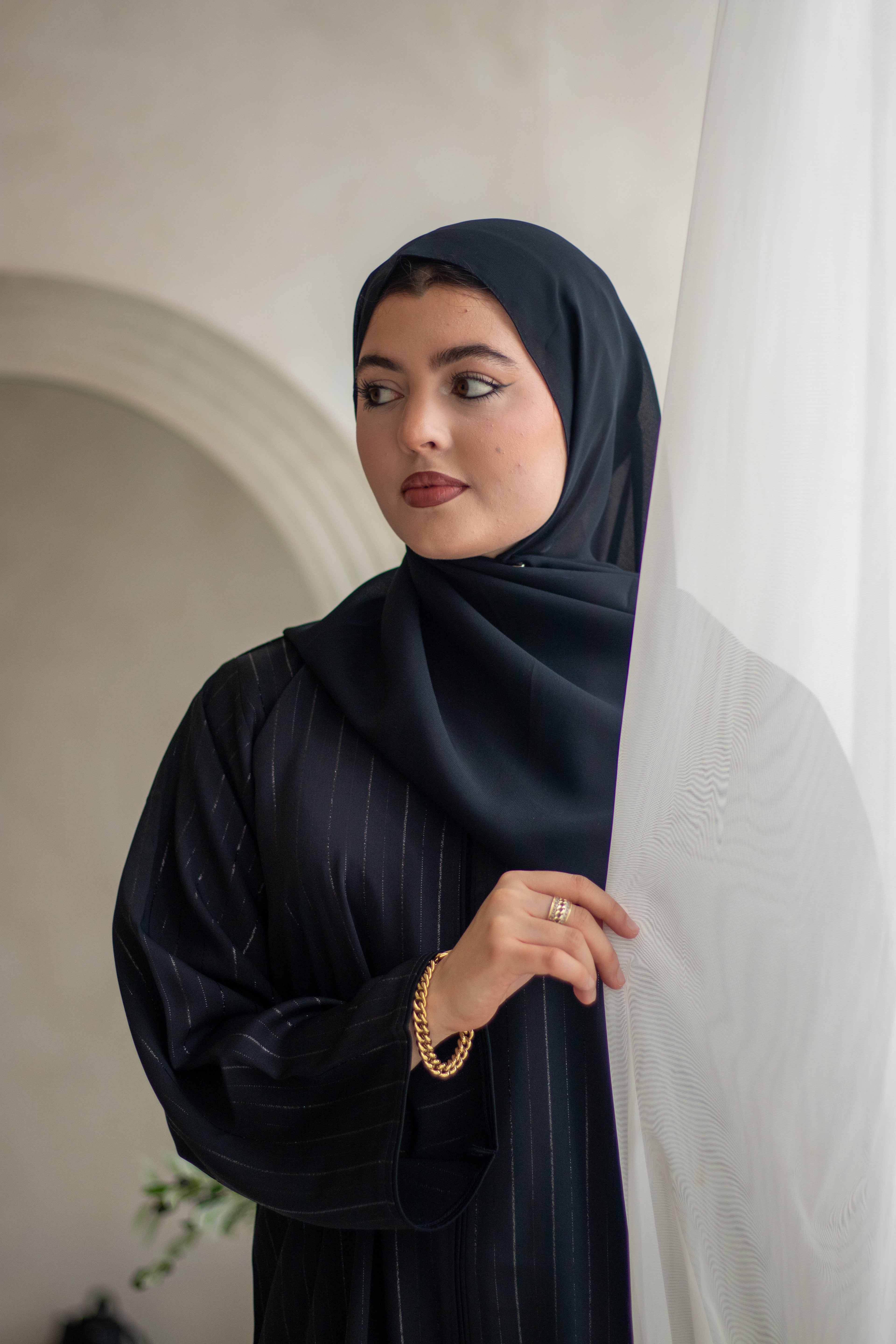 Silver Glitter Thread Striped Black Abaya with Buttons and Hijab