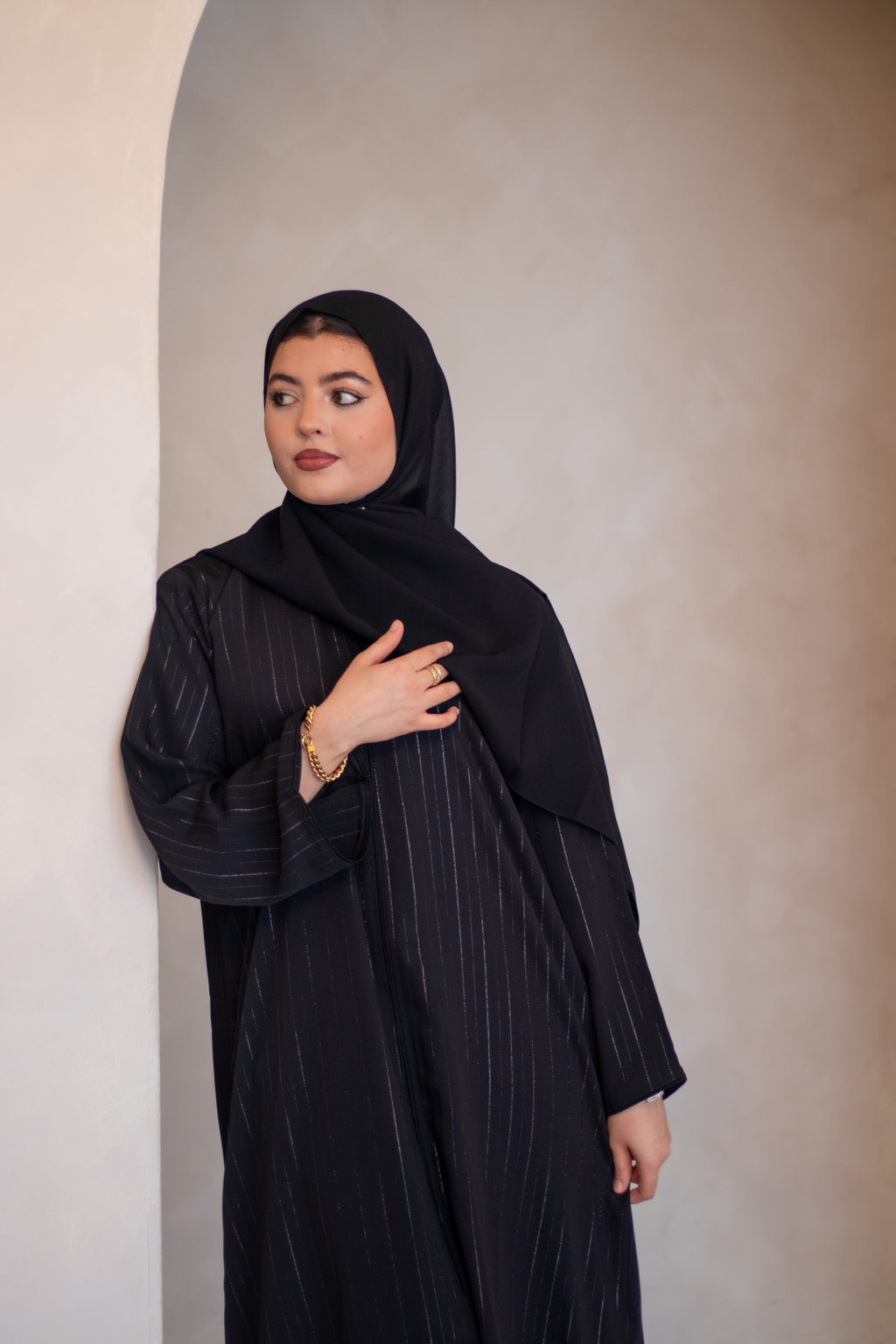 Silver Glitter Thread Striped Black Abaya with Buttons and Hijab