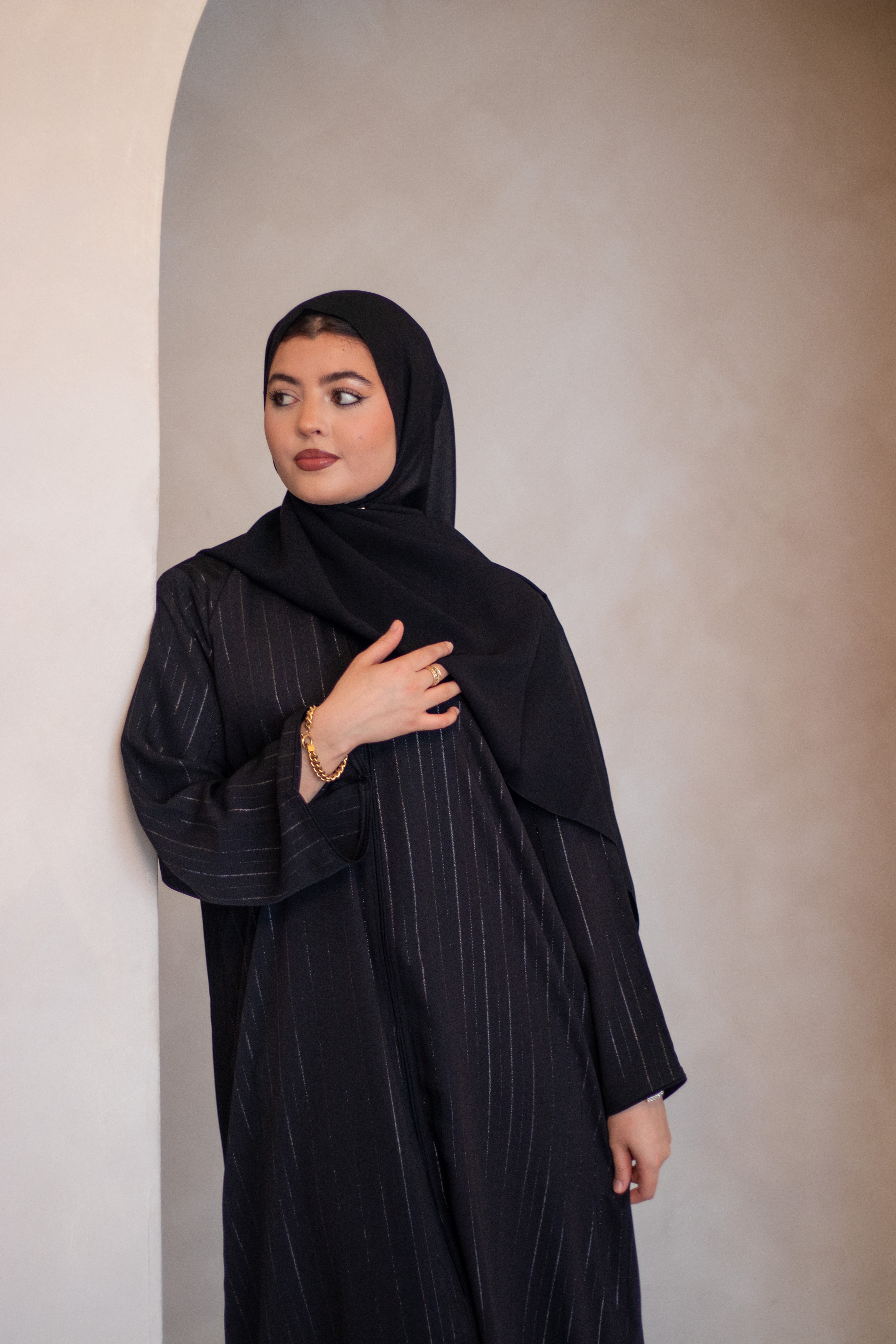 Silver Glitter Thread Striped Black Abaya with Buttons and Hijab