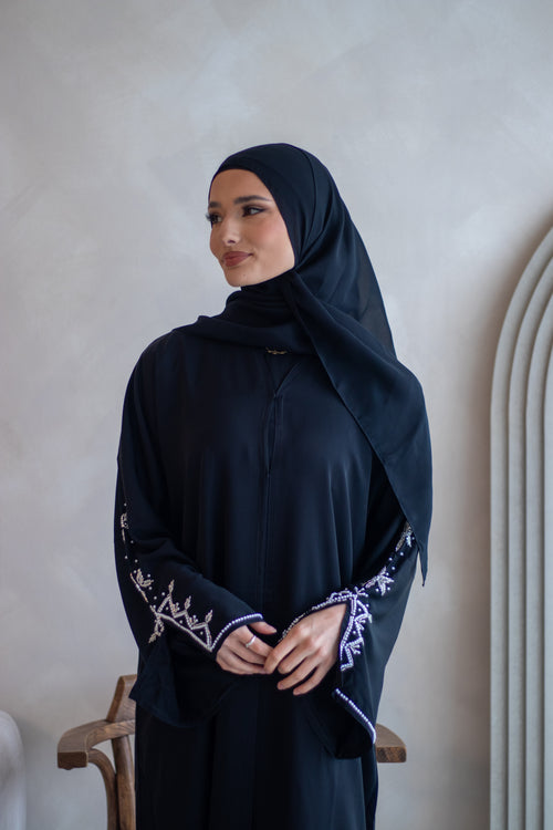 (C) Slit Sleeve Black Embellishment Abaya with Hijab Nida
