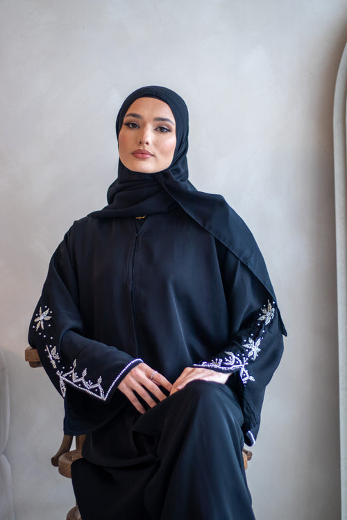 (C) Slit Sleeve Black Embellishment Abaya with Hijab Nida
