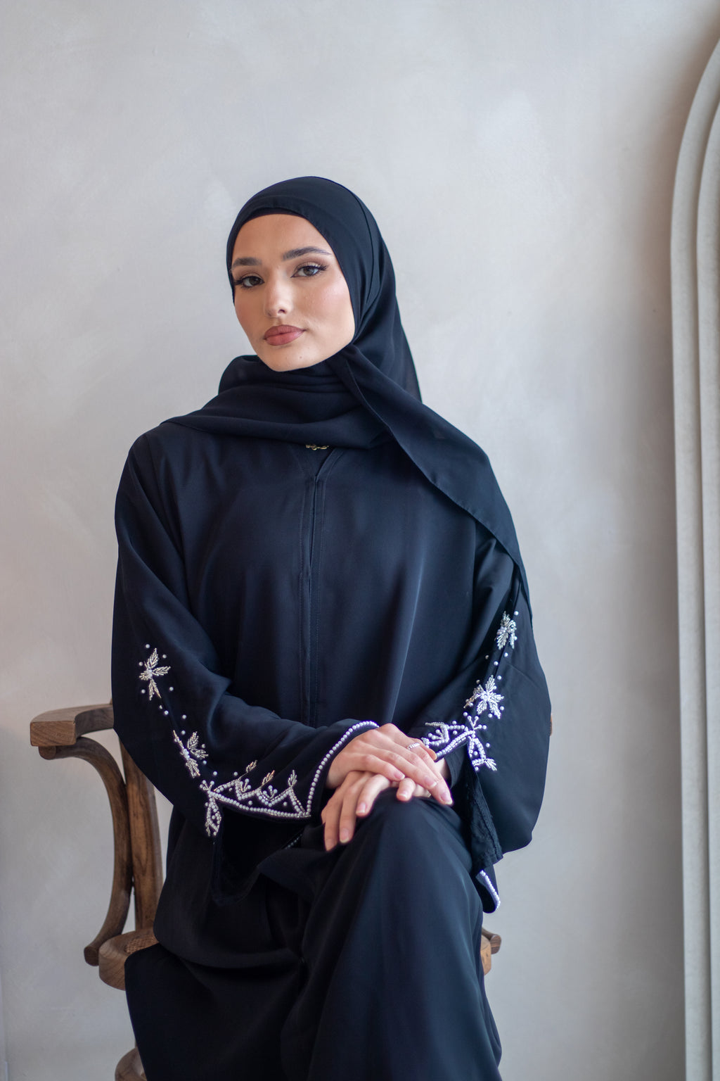 (C) Slit Sleeve Black Embellishment Abaya with Hijab Nida