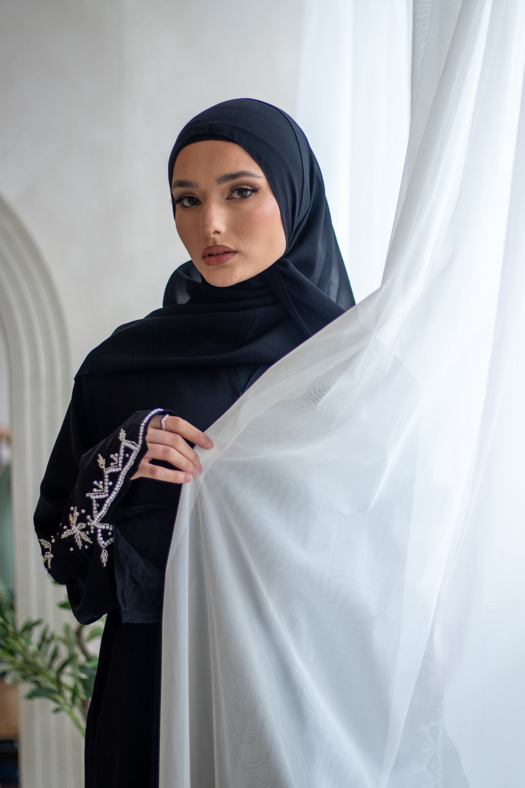 (C) Slit Sleeve Black Embellishment Abaya with Hijab Nida