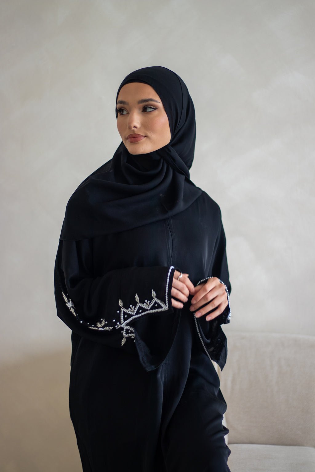 (C) Slit Sleeve Black Embellishment Abaya with Hijab Nida