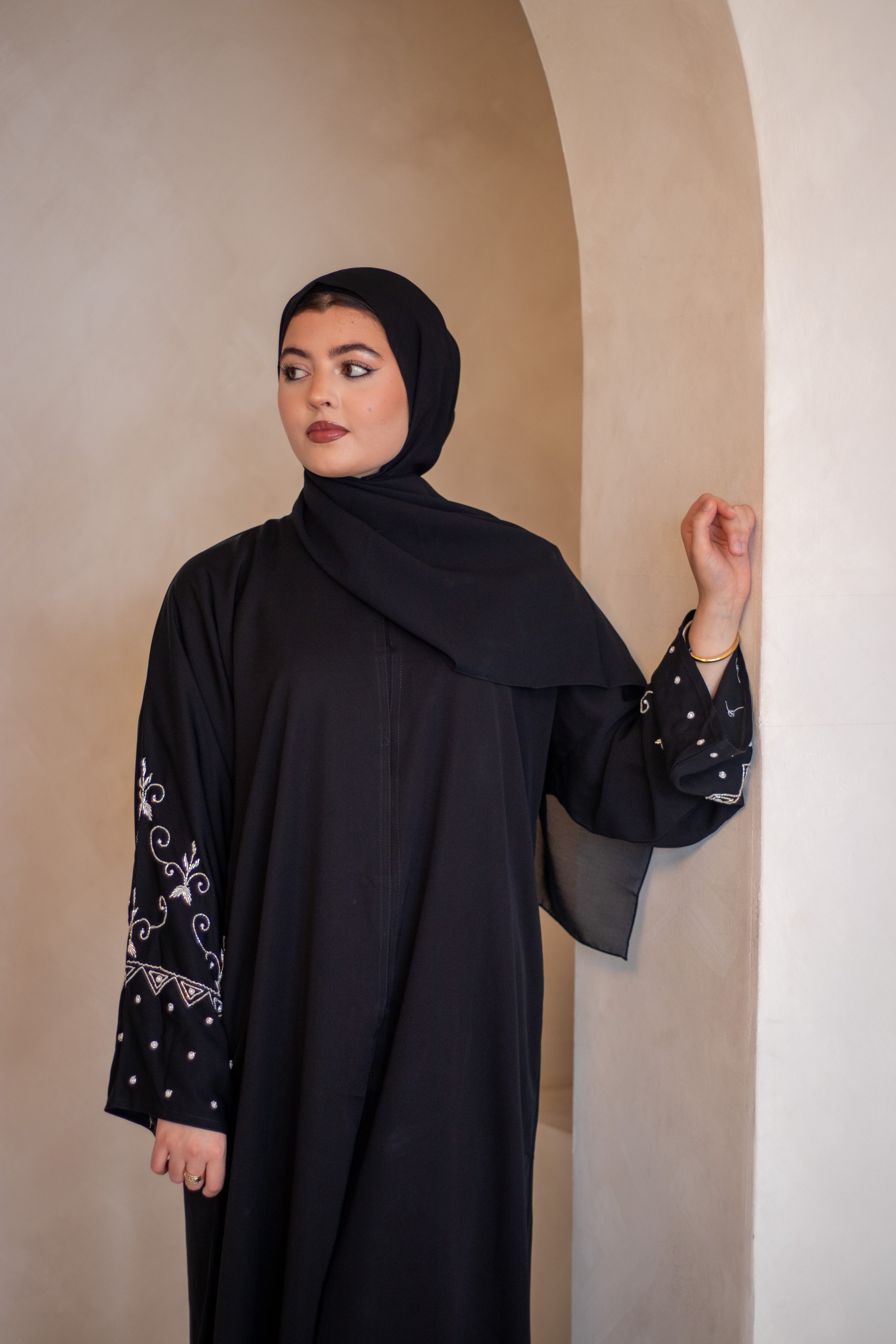 (D) Embellishment Abaya Black and Hijab Modest Fashion