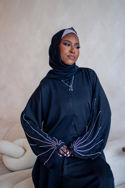 (A) Embellishment Lines Abaya Nida Black with Hijab