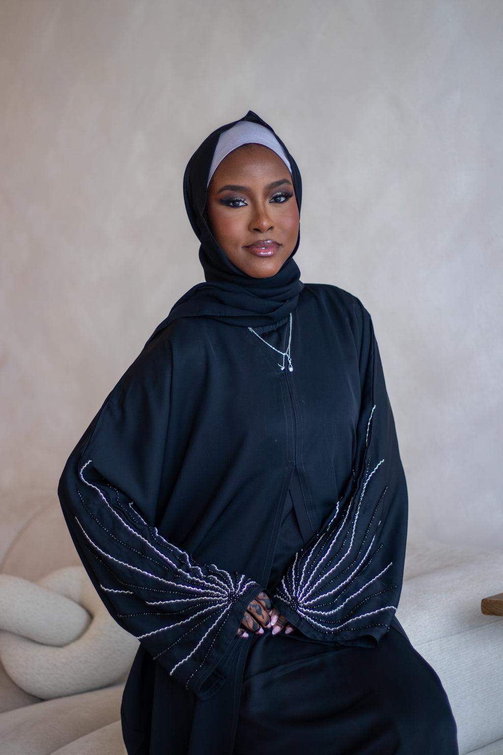 (A) Embellishment Lines Abaya Nida Black with Hijab