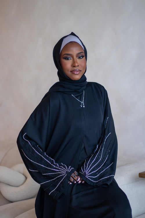 (A) Embellishment Lines Abaya Nida Black with Hijab
