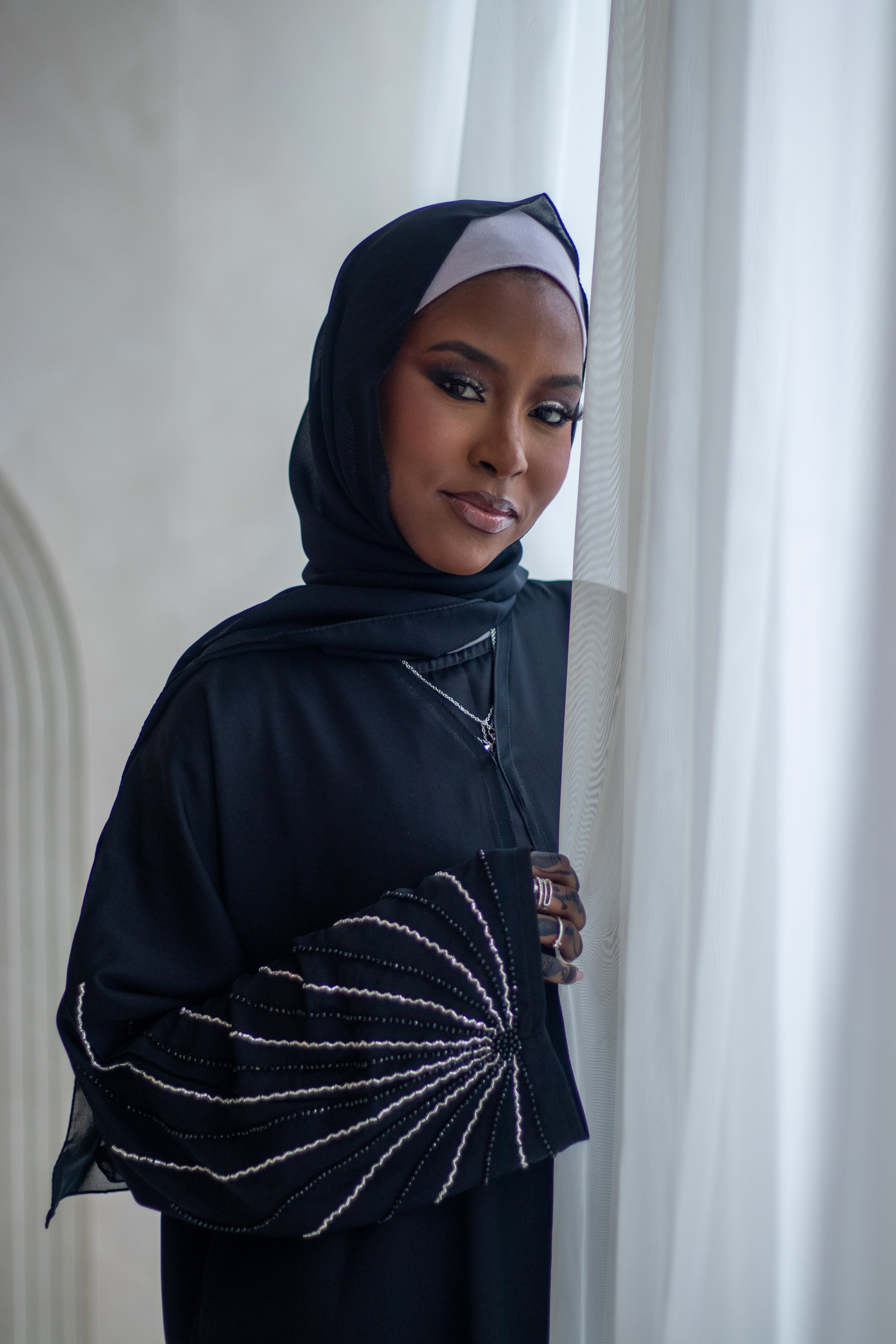 (A) Embellishment Lines Abaya Nida Black with Hijab
