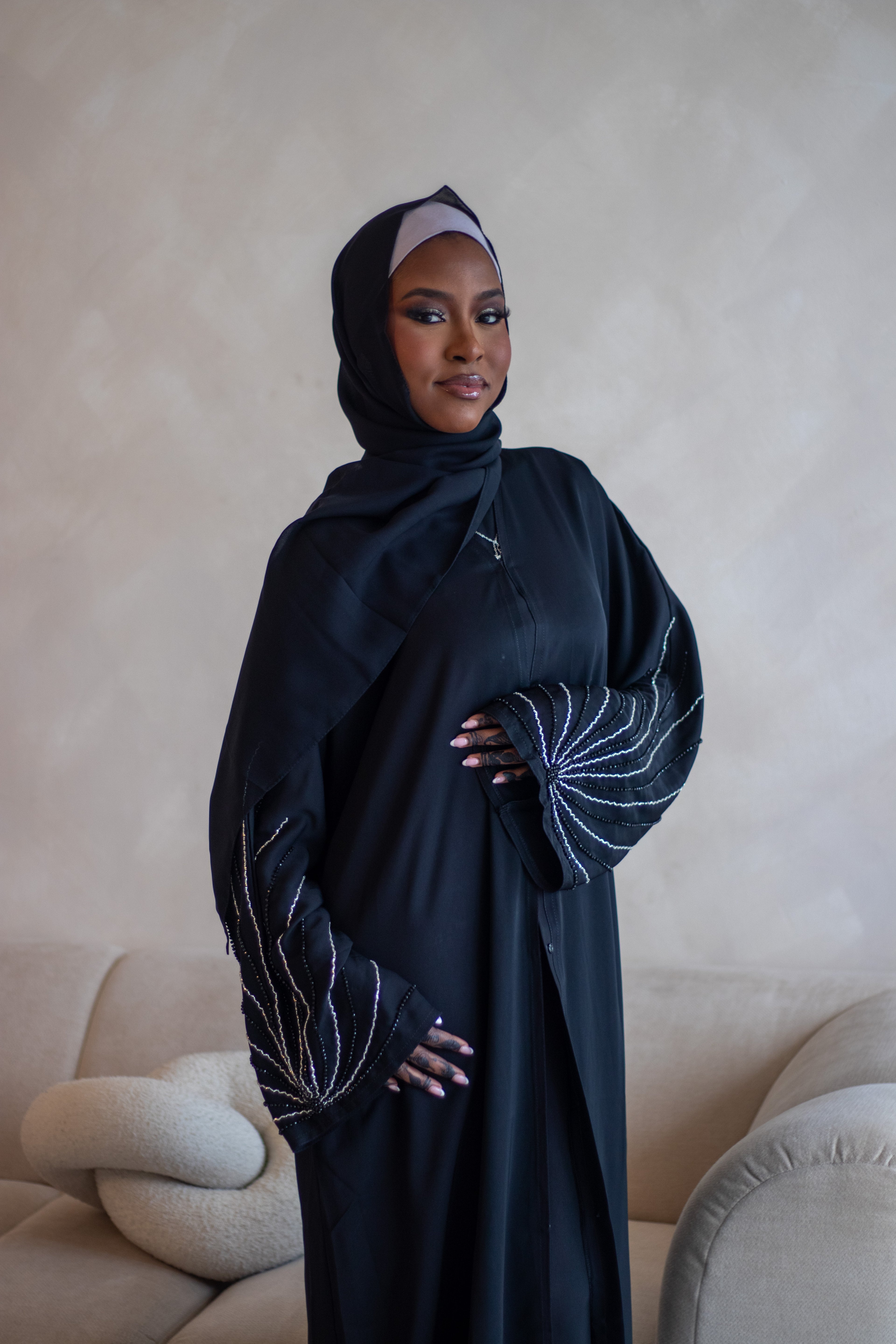 (A) Embellishment Lines Abaya Nida Black with Hijab