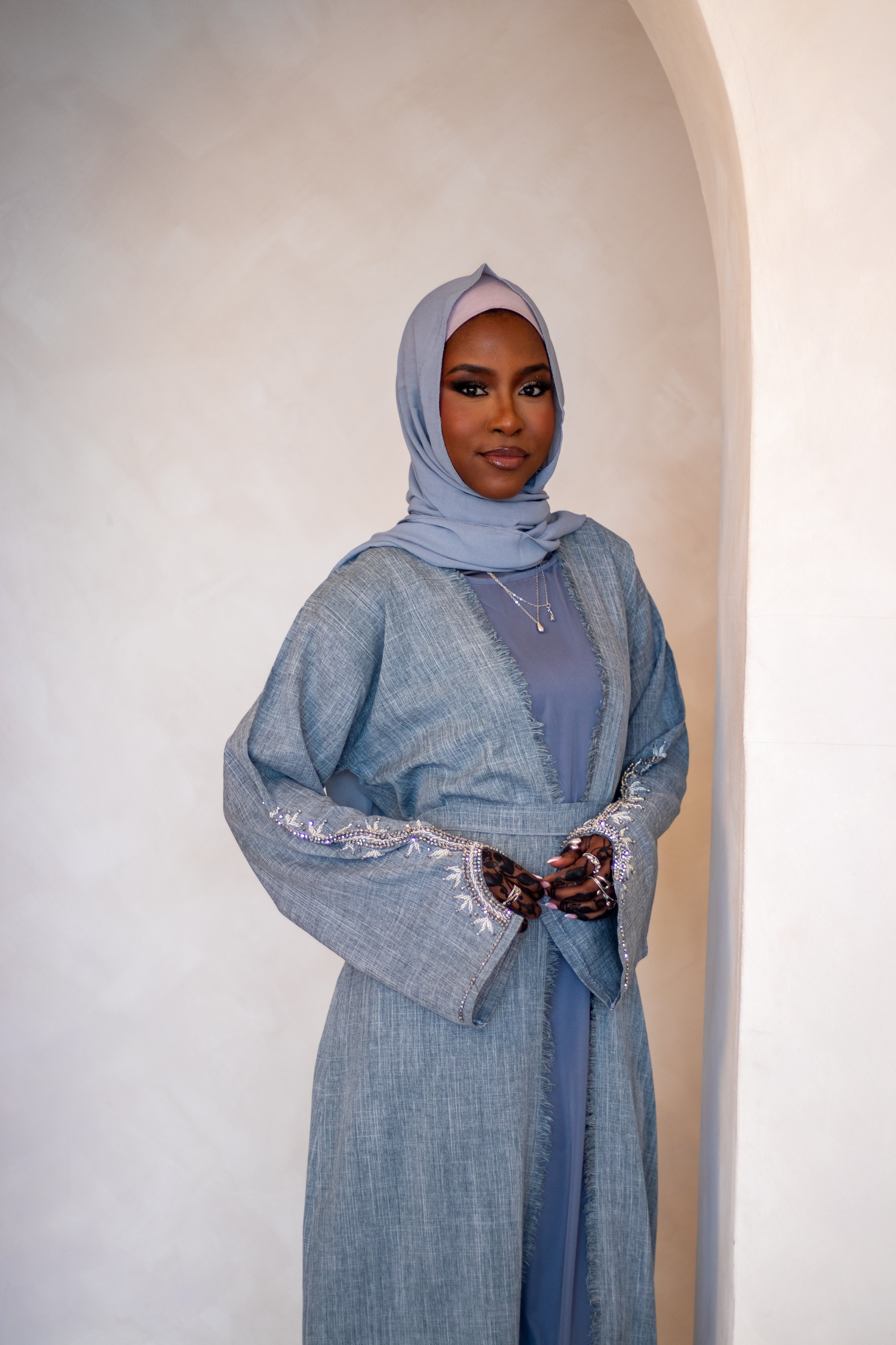 4 Piece Grey Abaya Linen Design with Nida Slip Dress Hijab and Belt for Women's Fashion