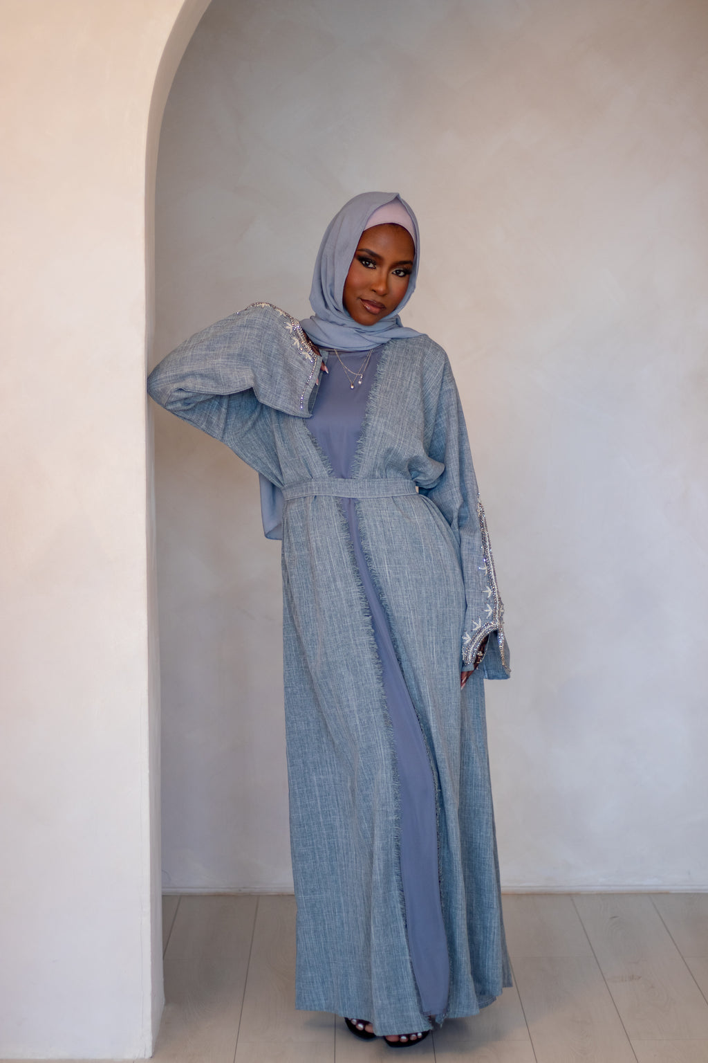 4 Piece Grey Abaya Linen Design with Nida Slip Dress Hijab and Belt for Women's Fashion