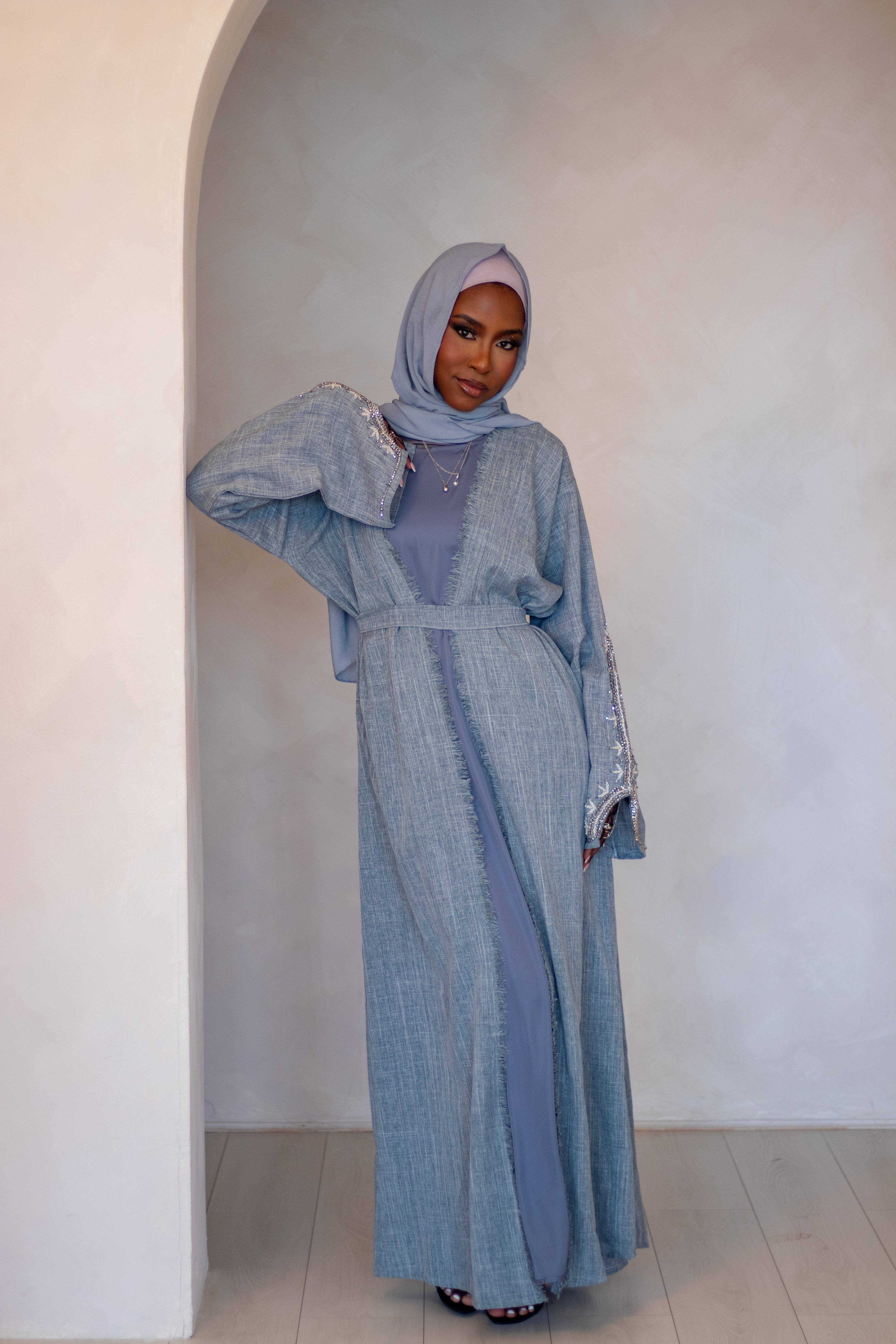 4 Piece Grey Abaya Linen Design with Nida Slip Dress Hijab and Belt for Women's Fashion