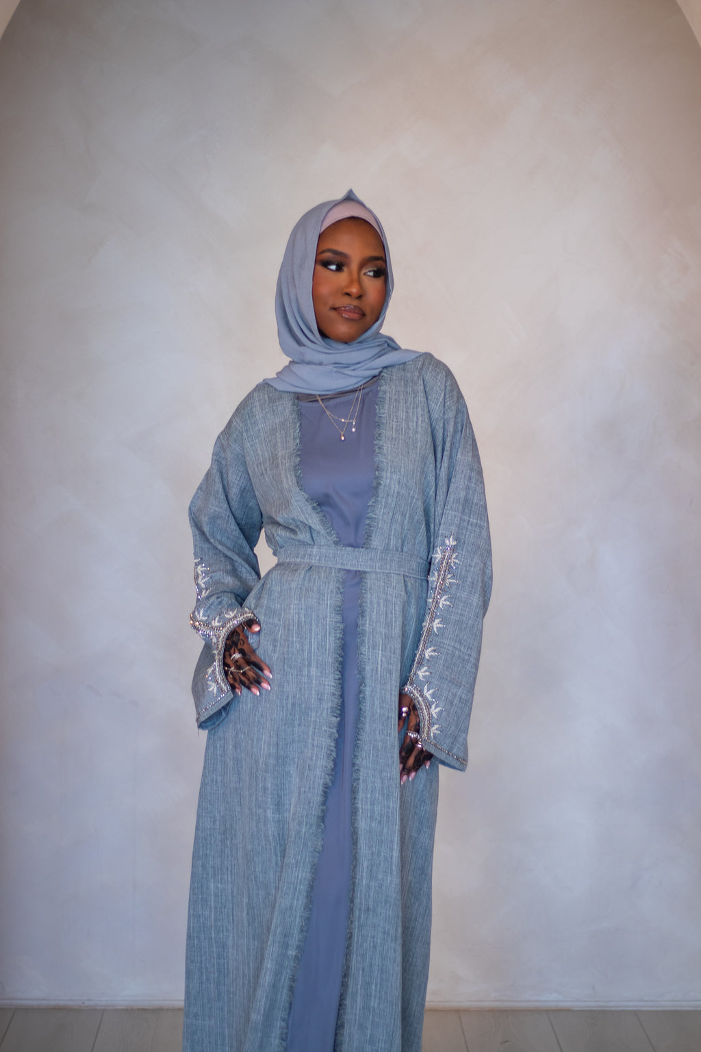 4 Piece Grey Abaya Linen Design with Nida Slip Dress Hijab and Belt for Women's Fashion