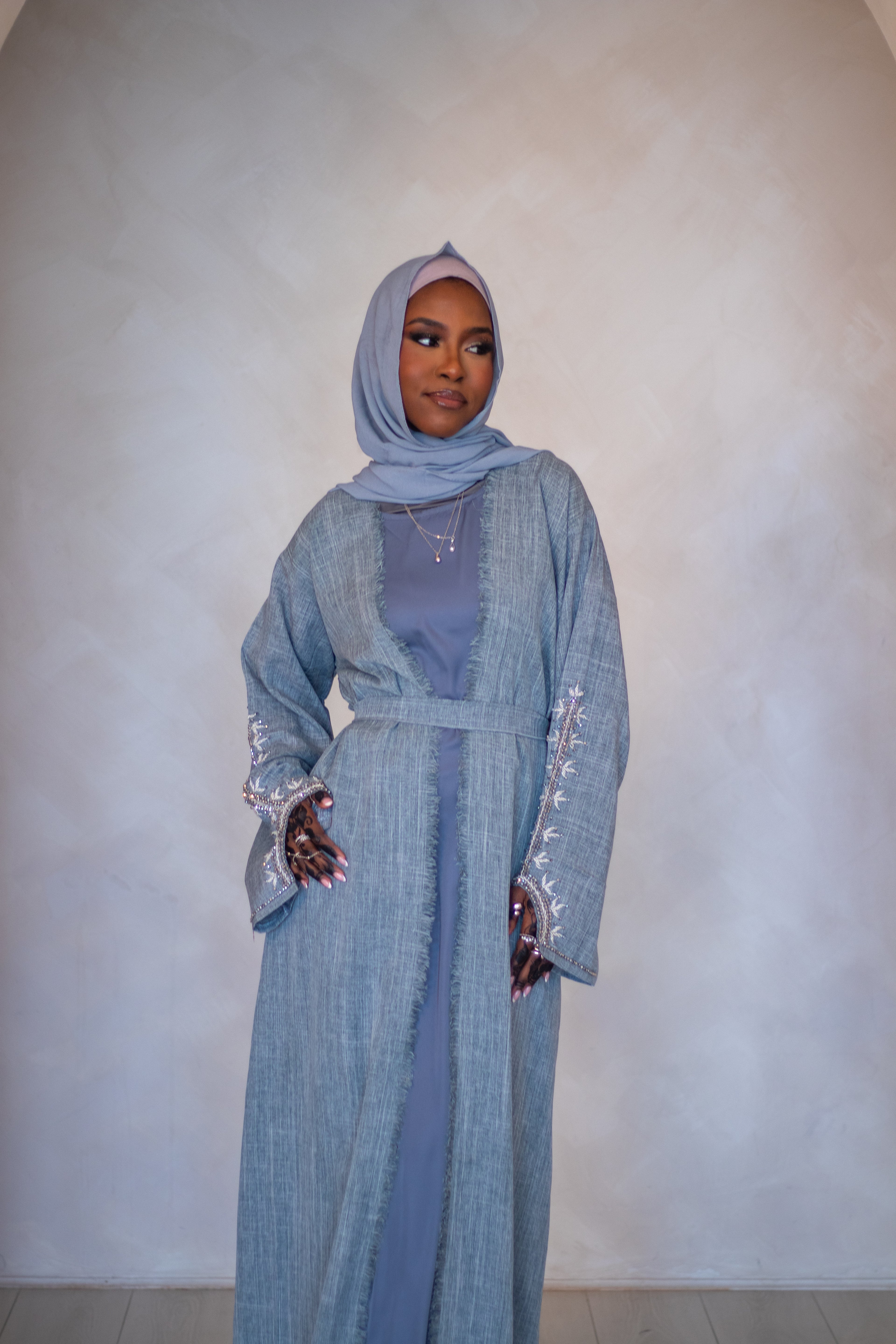 4 Piece Grey Abaya Linen Design with Nida Slip Dress Hijab and Belt for Women's Fashion