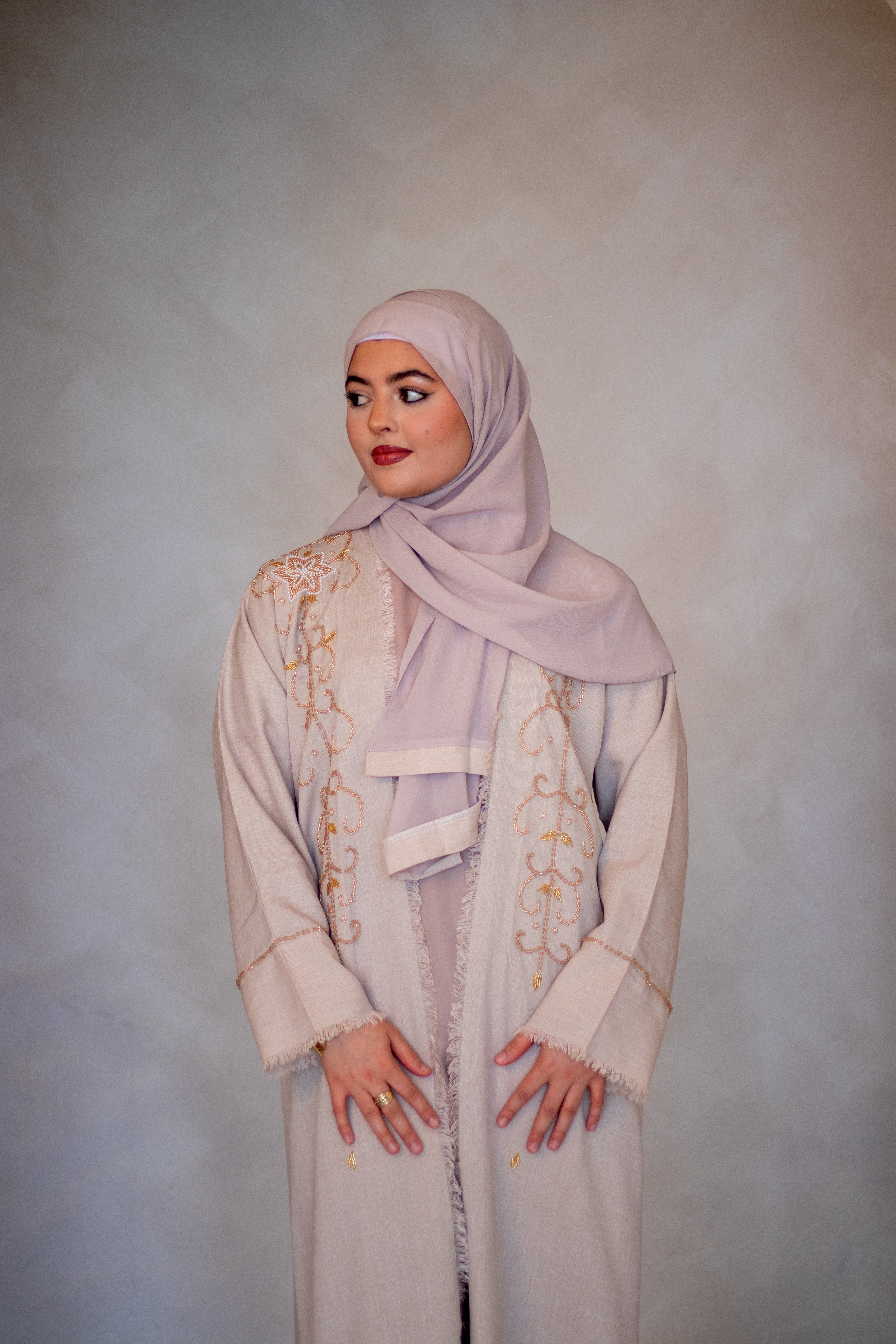 4 Piece Linen Design Abaya Peach Colour with Golden Embellishments,  Nida Slipdress, Belt and Hijab