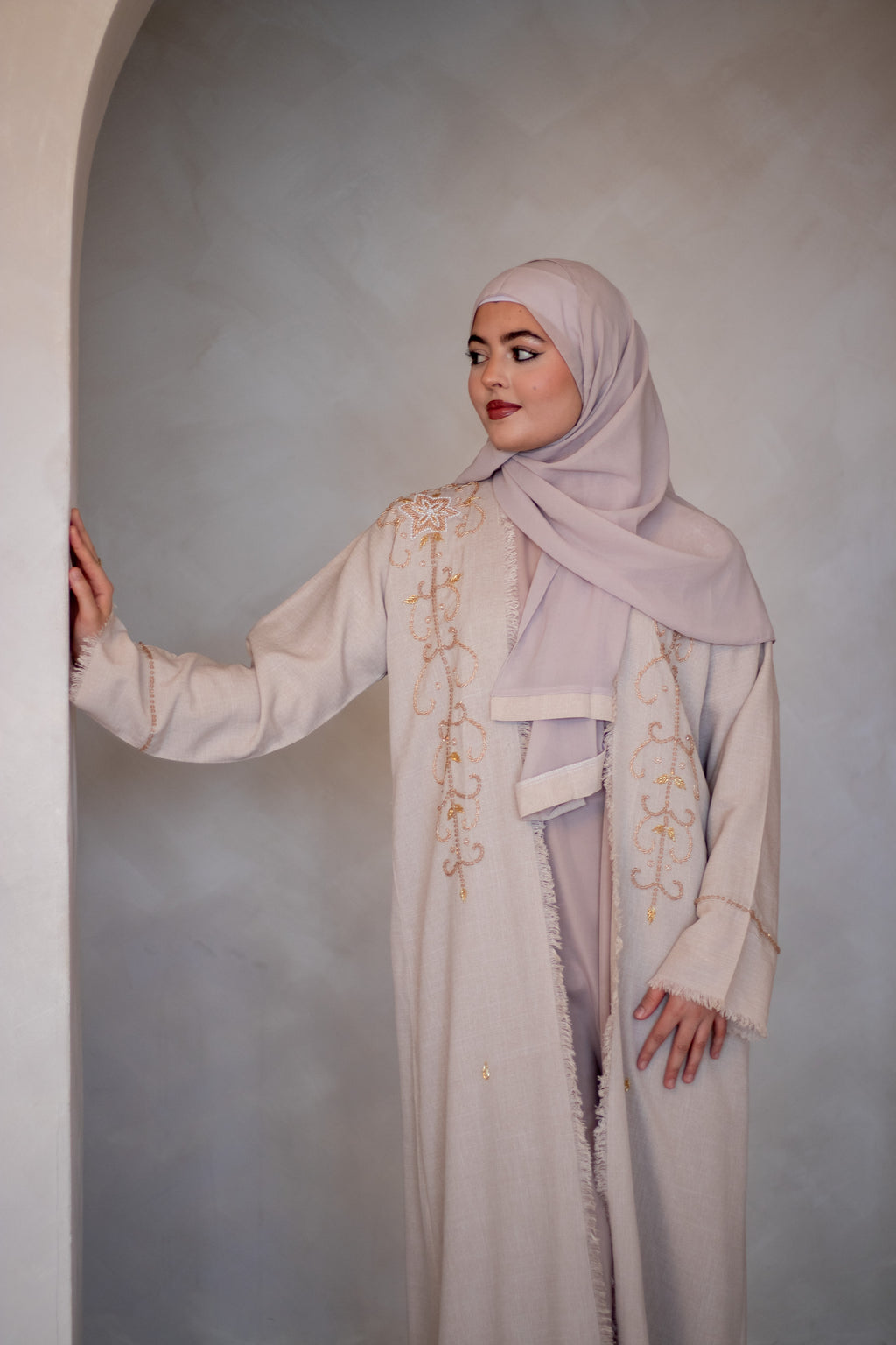 4 Piece Linen Design Abaya Peach Colour with Golden Embellishments,  Nida Slipdress, Belt and Hijab
