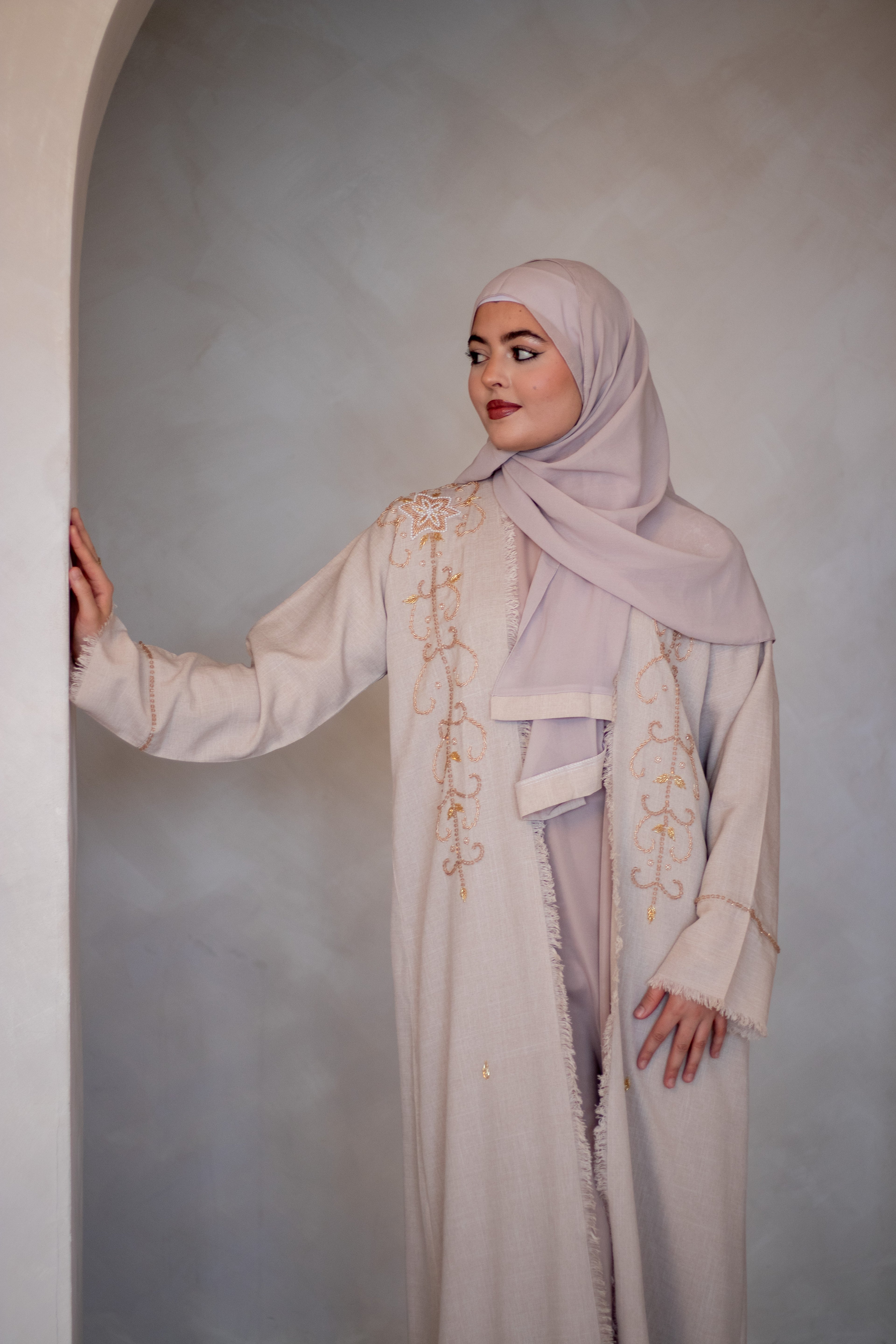4 Piece Linen Design Abaya Peach Colour with Golden Embellishments,  Nida Slipdress, Belt and Hijab