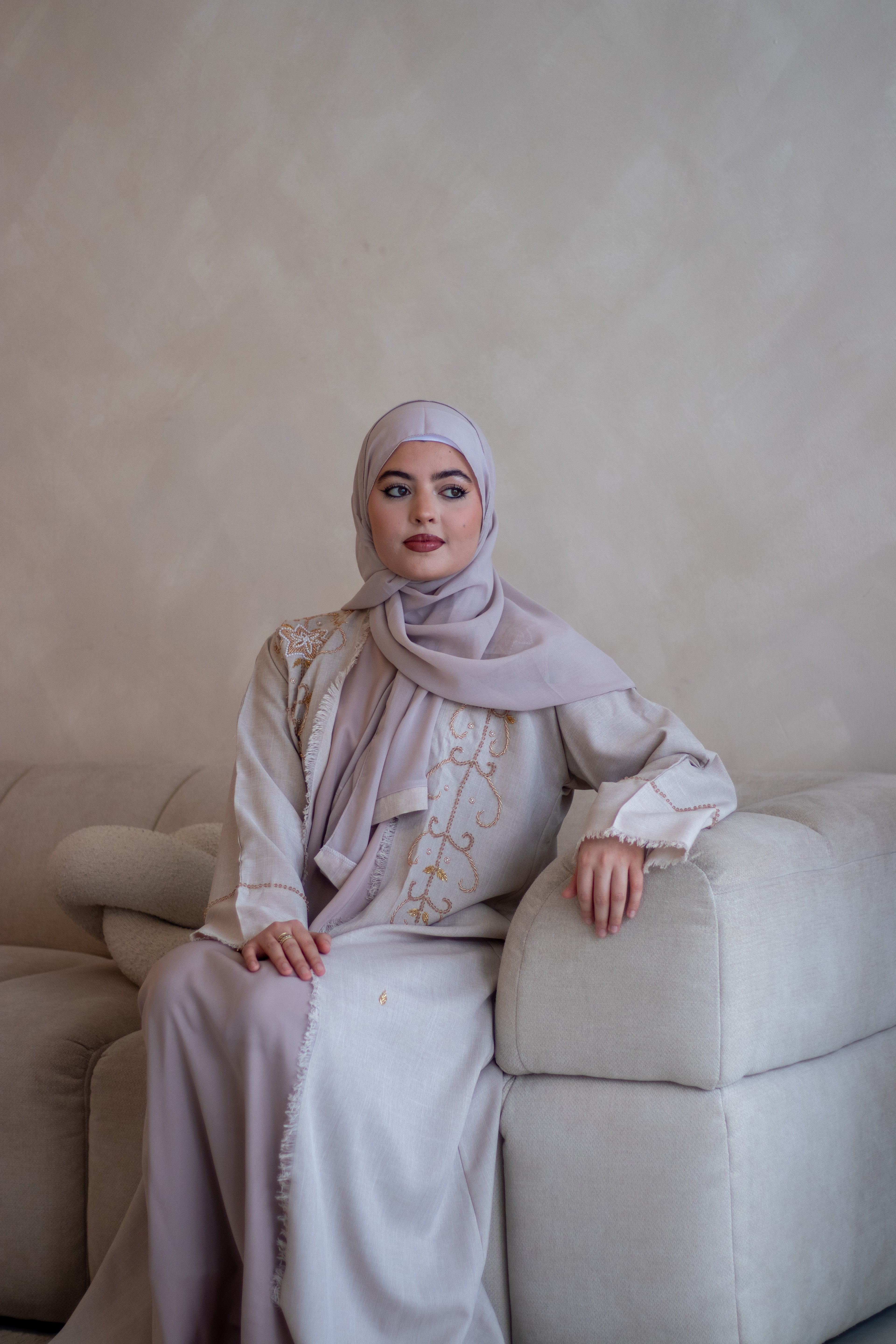 4 Piece Linen Design Abaya Peach Colour with Golden Embellishments,  Nida Slipdress, Belt and Hijab