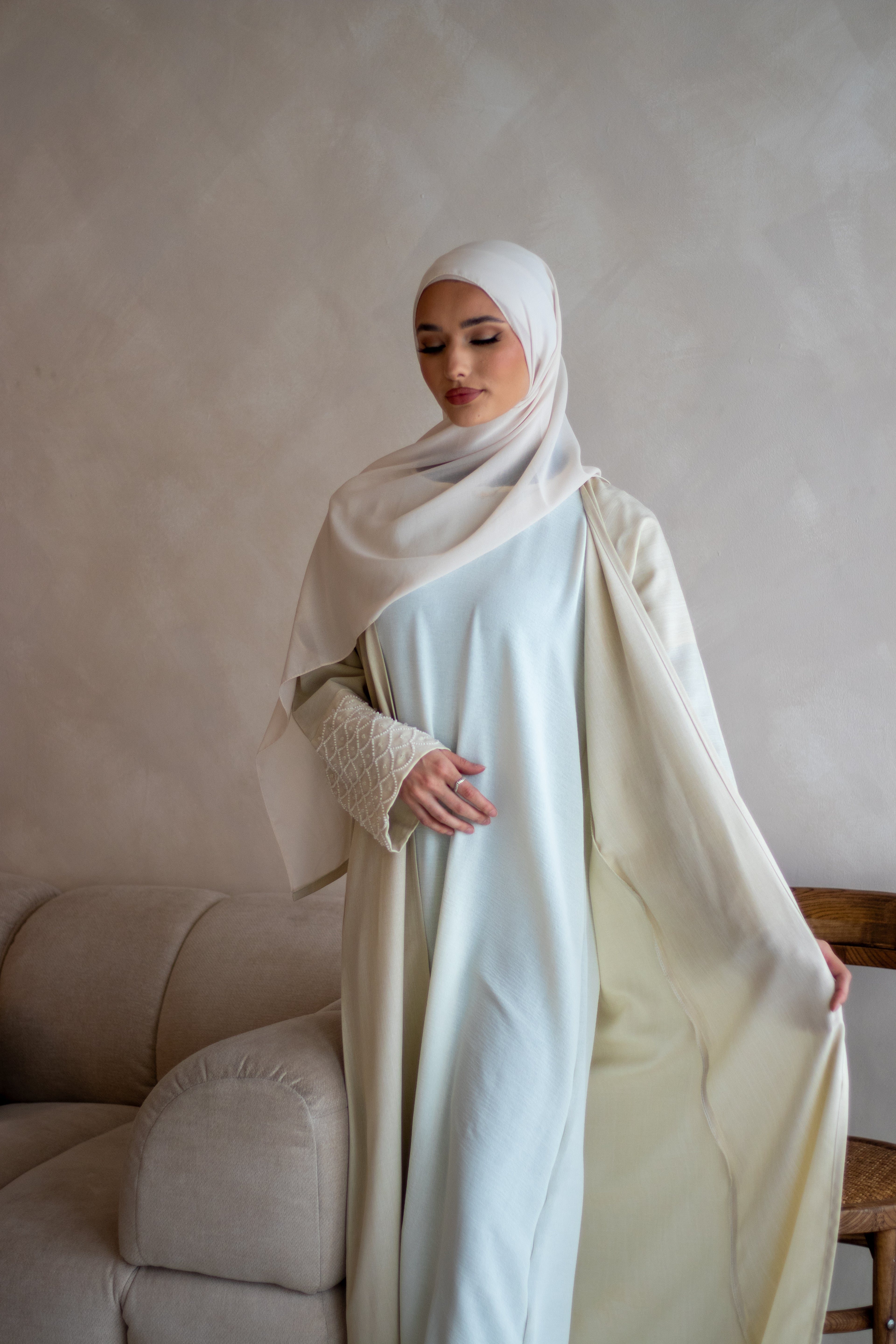 Cream Linen Design Abaya with Embellishments on the Sleeves