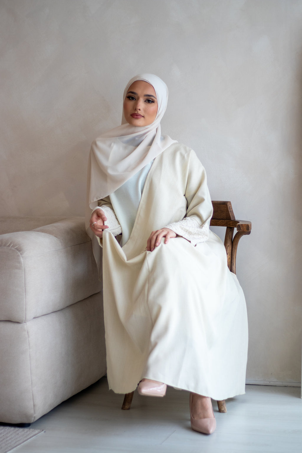Cream Linen Design Abaya with Embellishments on the Sleeves