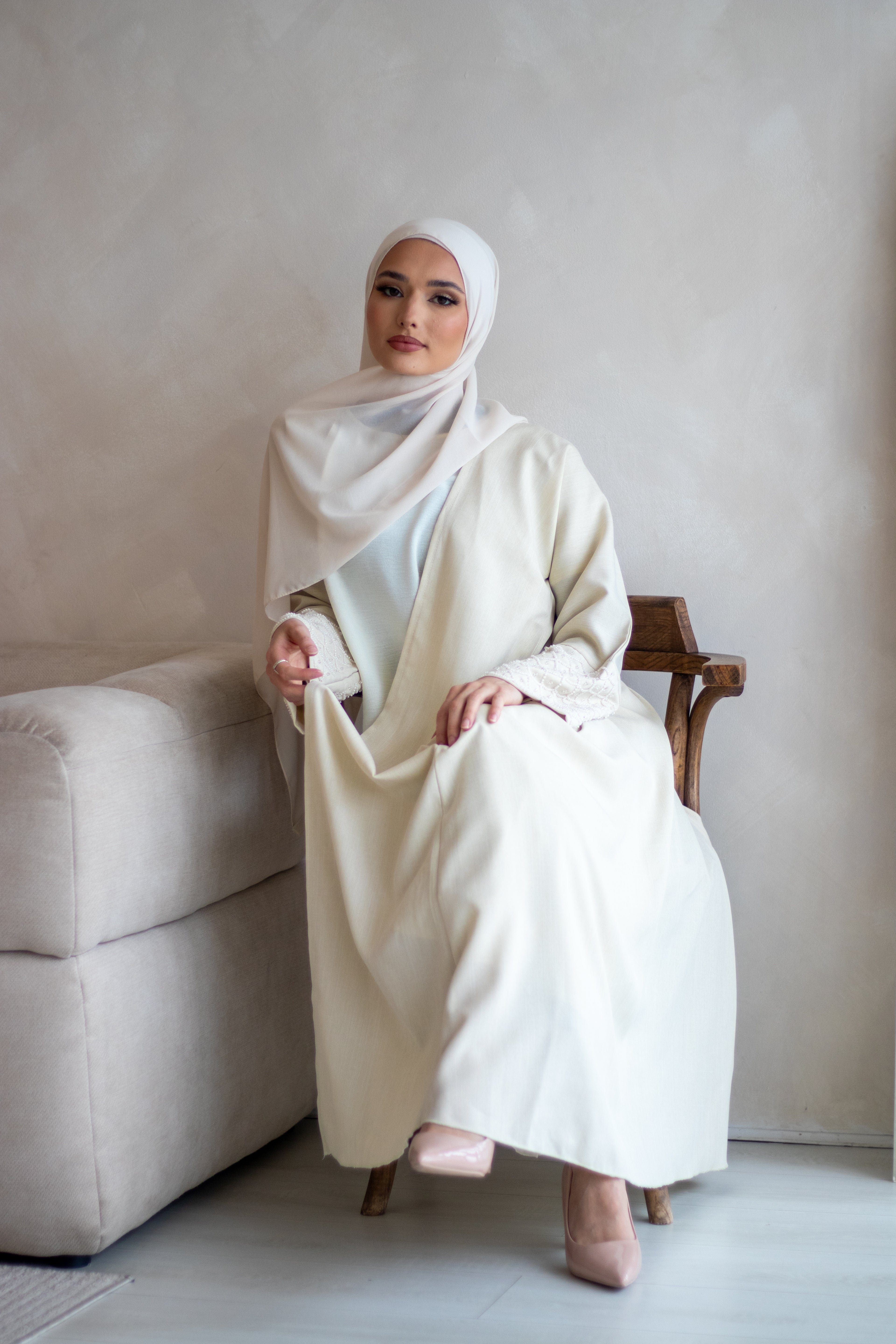 Cream Linen Design Abaya with Embellishments on the Sleeves