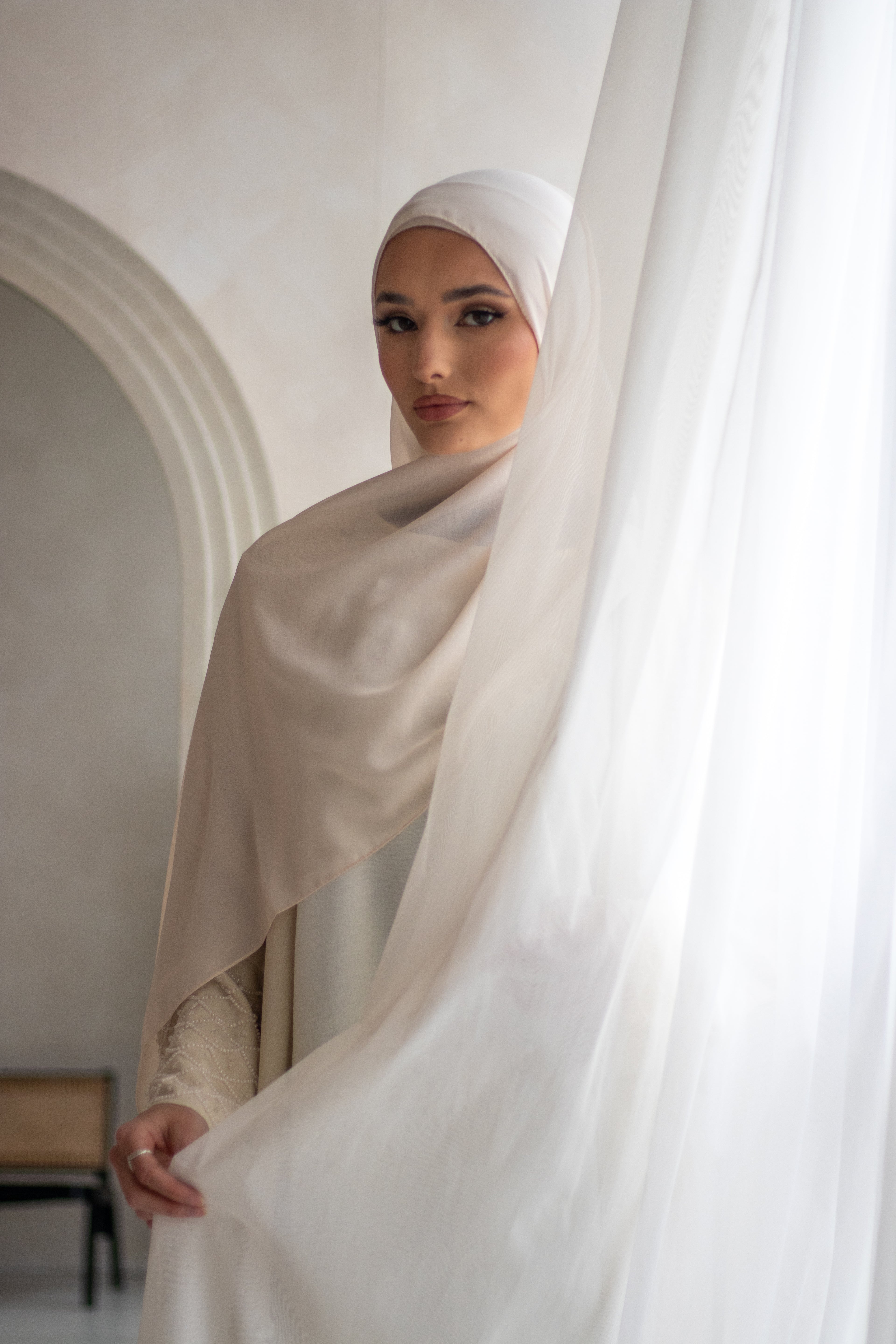 Cream Linen Design Abaya with Embellishments on the Sleeves