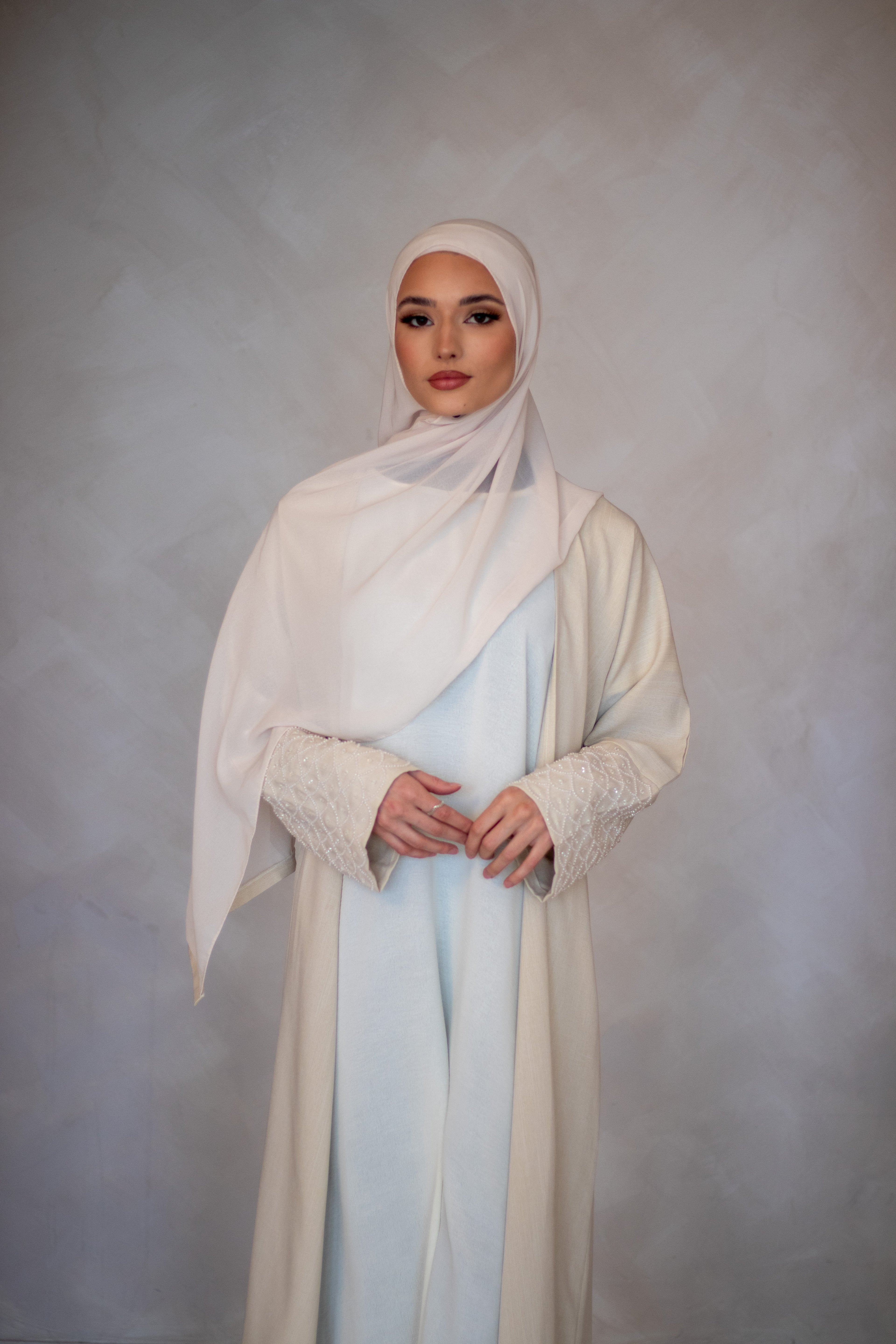 Cream Linen Design Abaya with Embellishments on the Sleeves