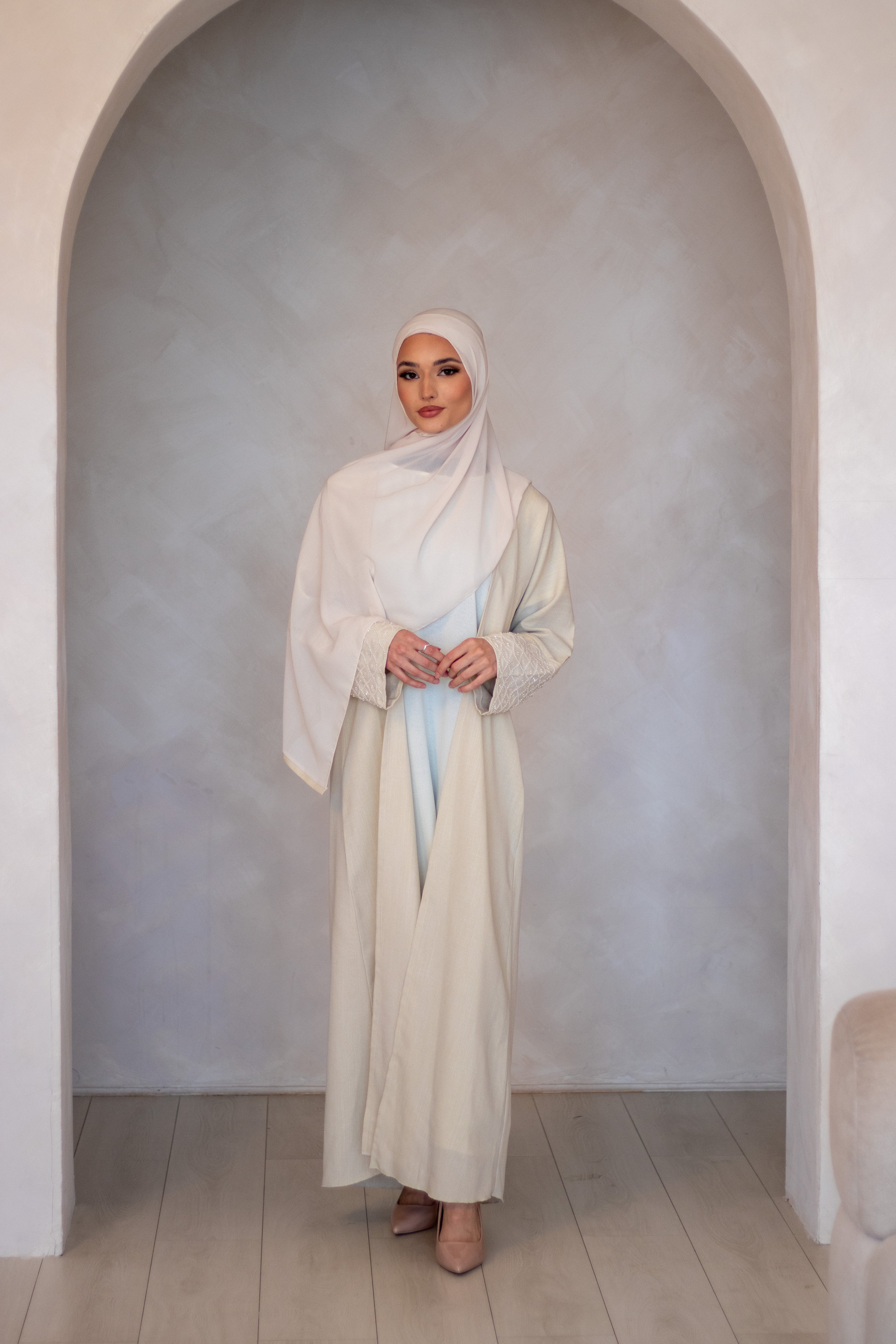 Cream Linen Design Abaya with Embellishments on the Sleeves