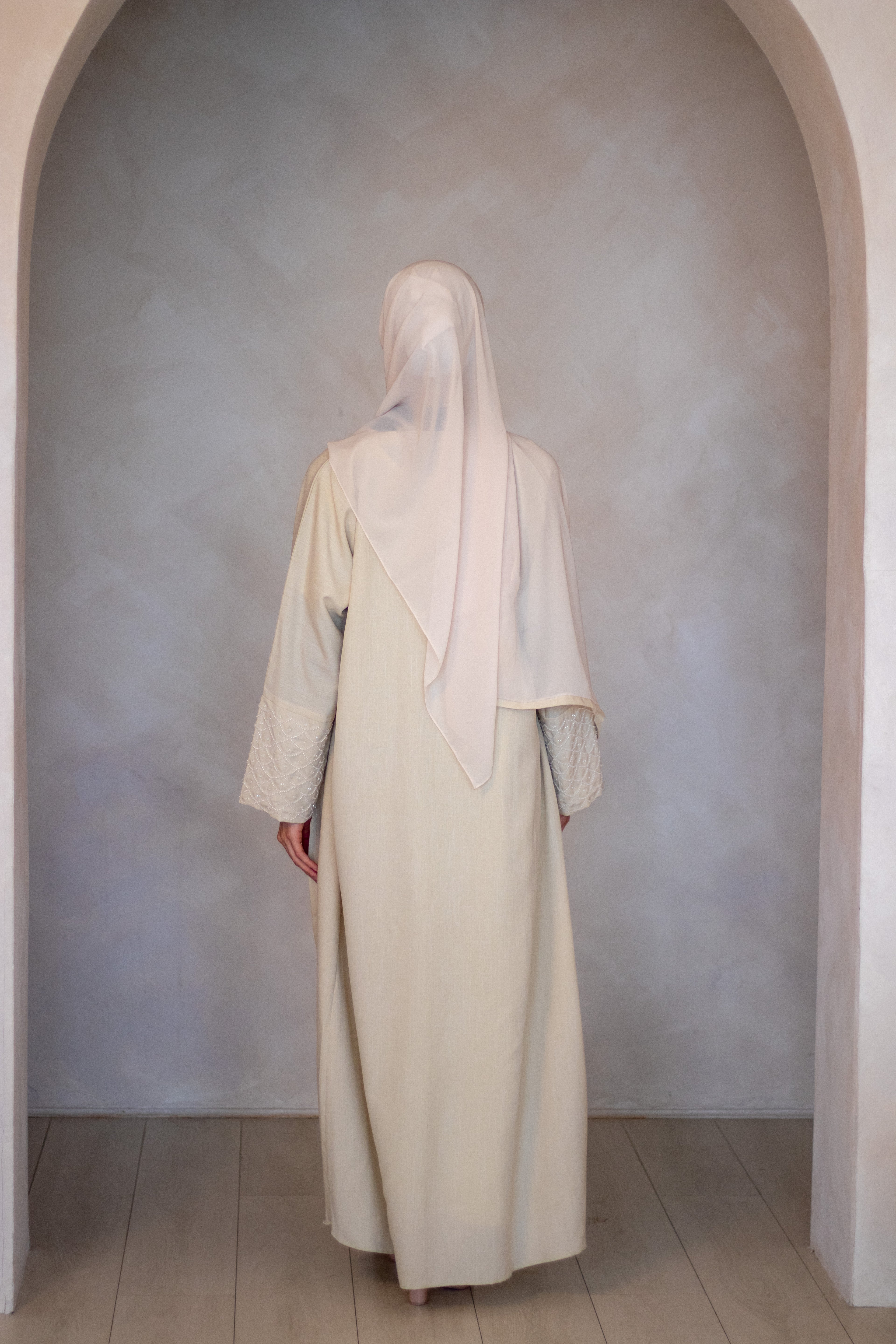 Cream Linen Design Abaya with Embellishments on the Sleeves