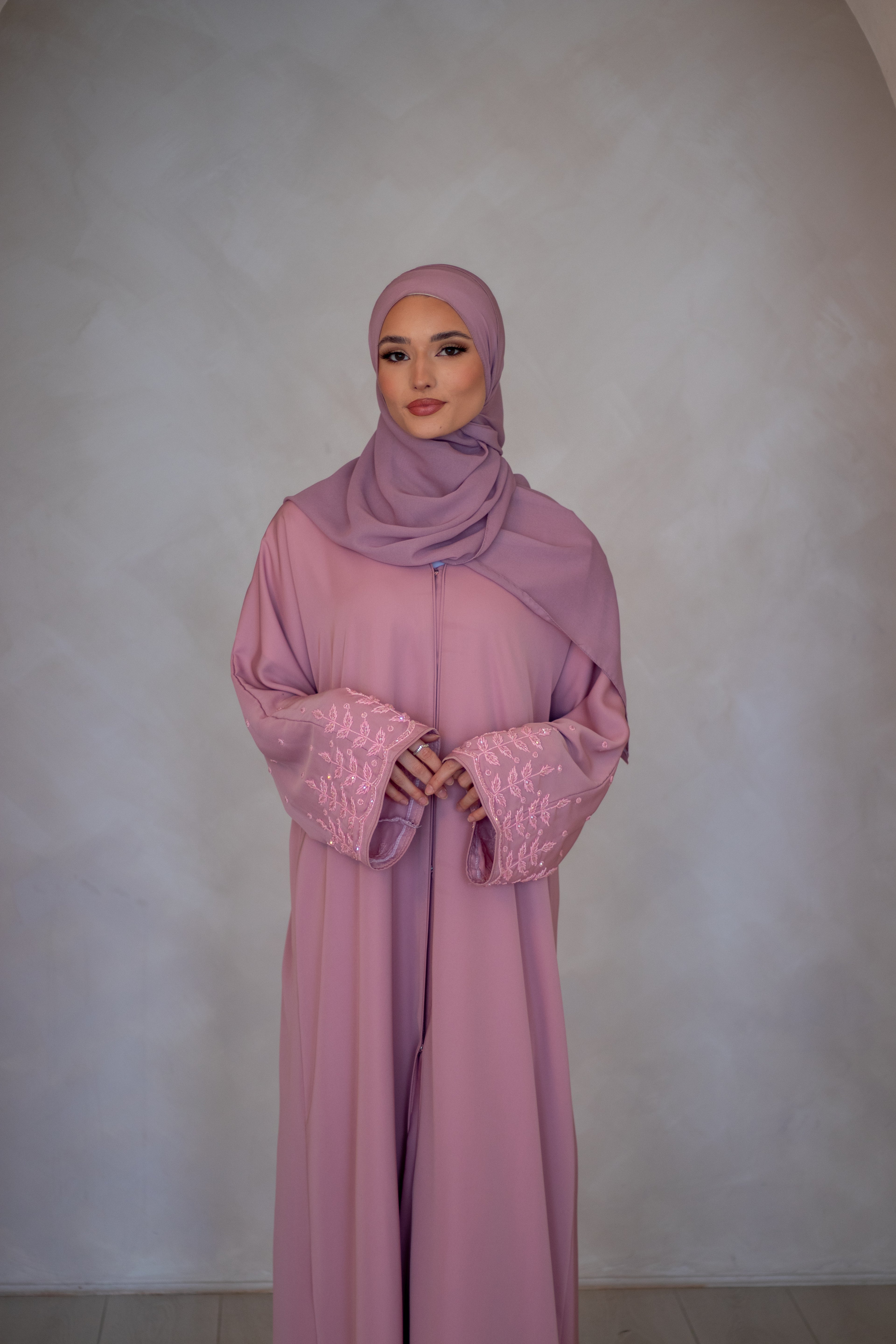 3 Piece Embellishments Abaya with Belt and Hijab Black/Grey/Pink/Chocolate Brown