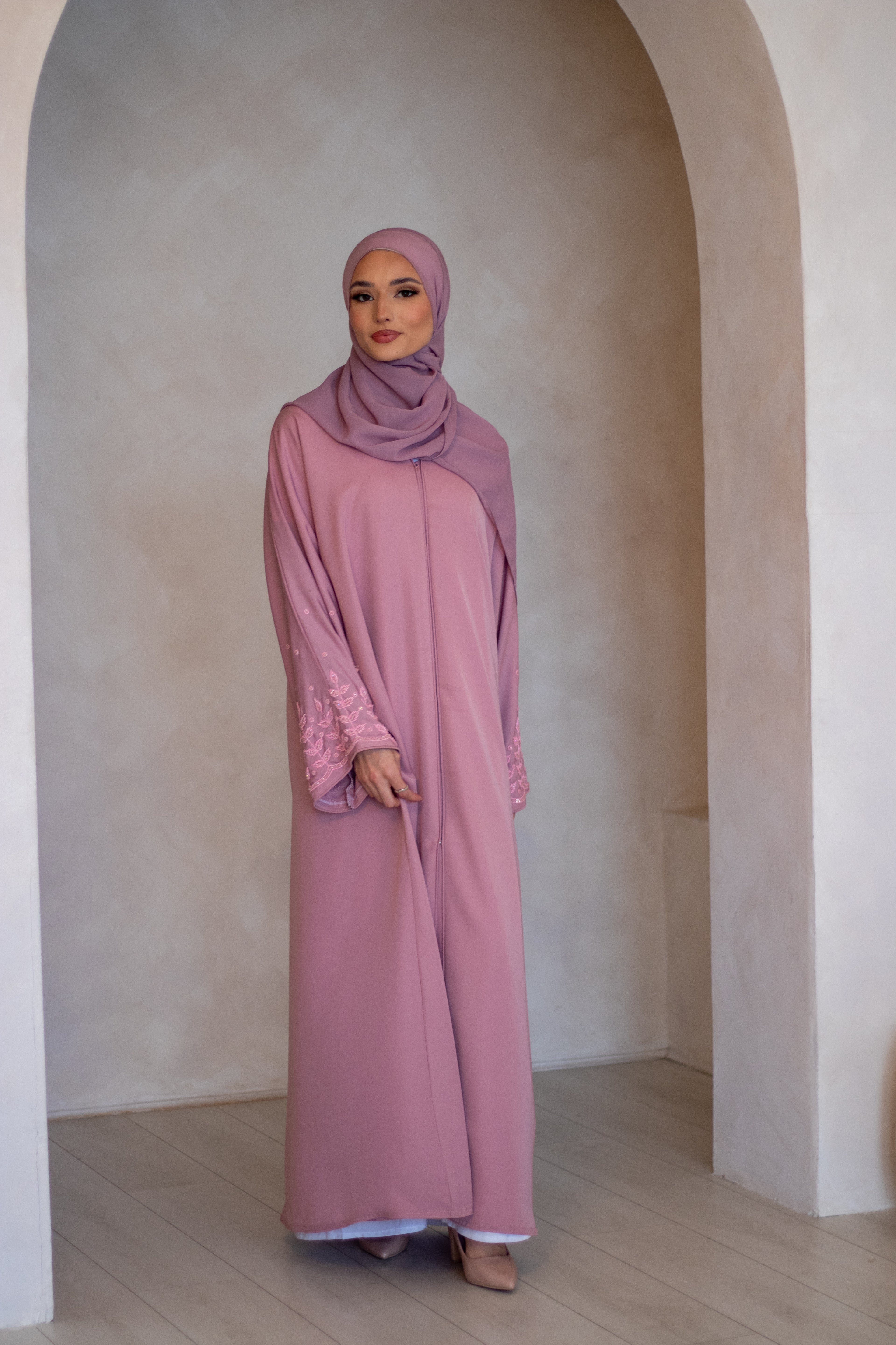 3 Piece Embellishments Abaya with Belt and Hijab Black/Grey/Pink/Chocolate Brown