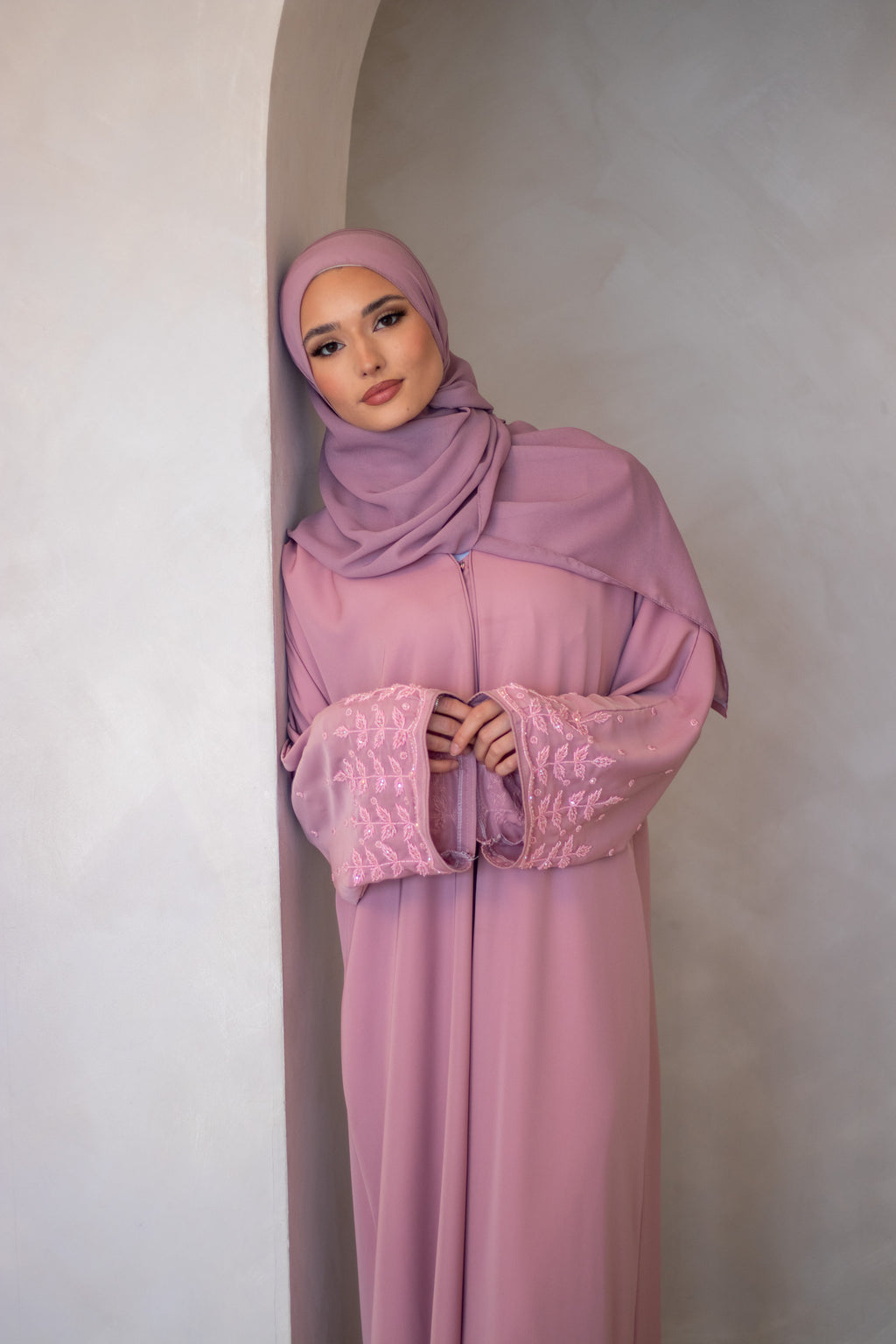 3 Piece Embellishments Abaya with Belt and Hijab Black/Grey/Pink/Chocolate Brown